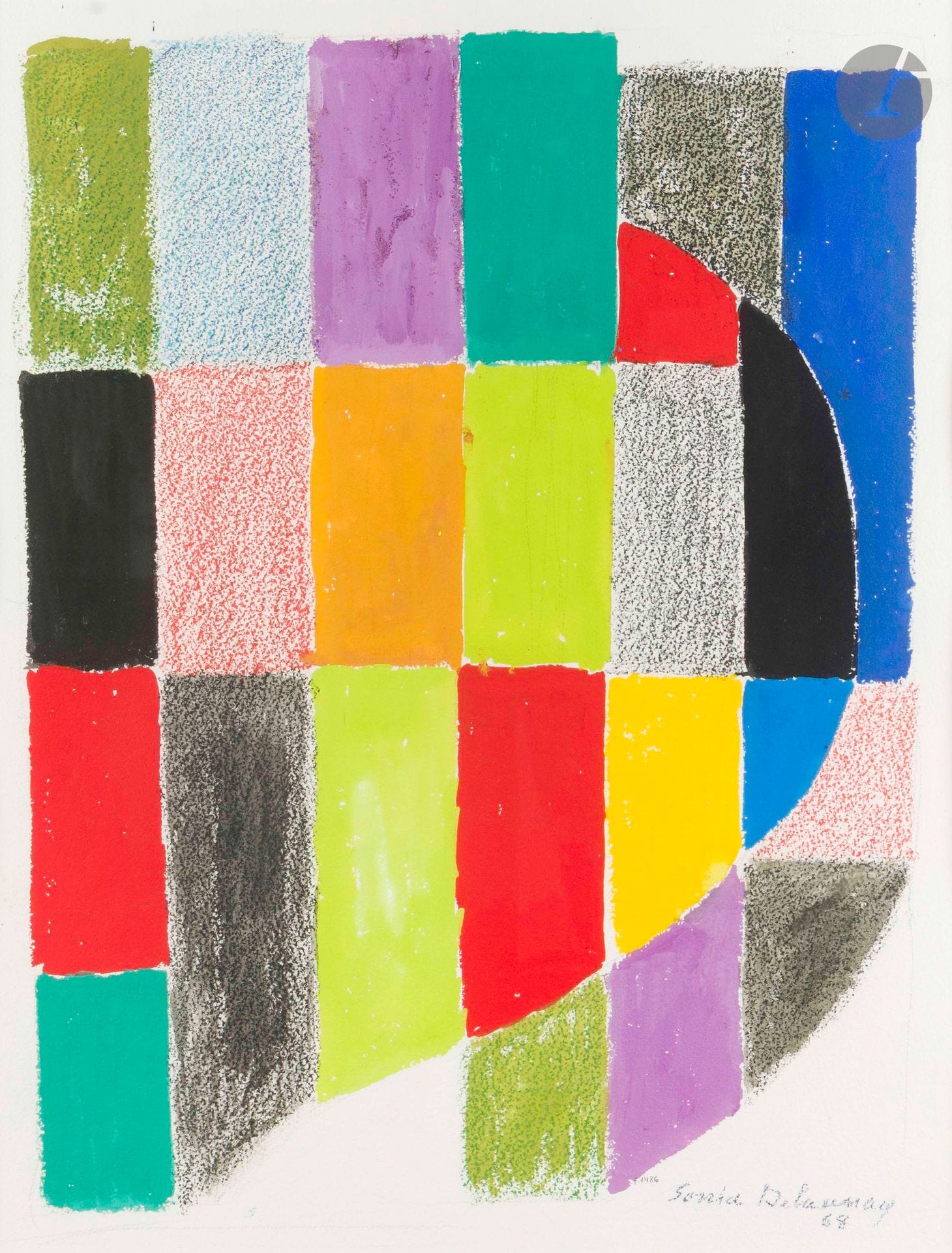 Sonia DELAUNAY-TERK (1885-1979)
Rythme couleur n° 1486, 1968
Gouache et crayon gras.
Signée, datée et numérotée en bas à droite.
78 x 56 cm (Feuille) 61 x 47,5 cm (À vue)

Provenance :
Collection particulière, Paris. Acquis directement auprès de l'artiste.

Un certificat de Sonia Delaunay, en date du 10 septembre 1973, sera remis à l'acquéreur.