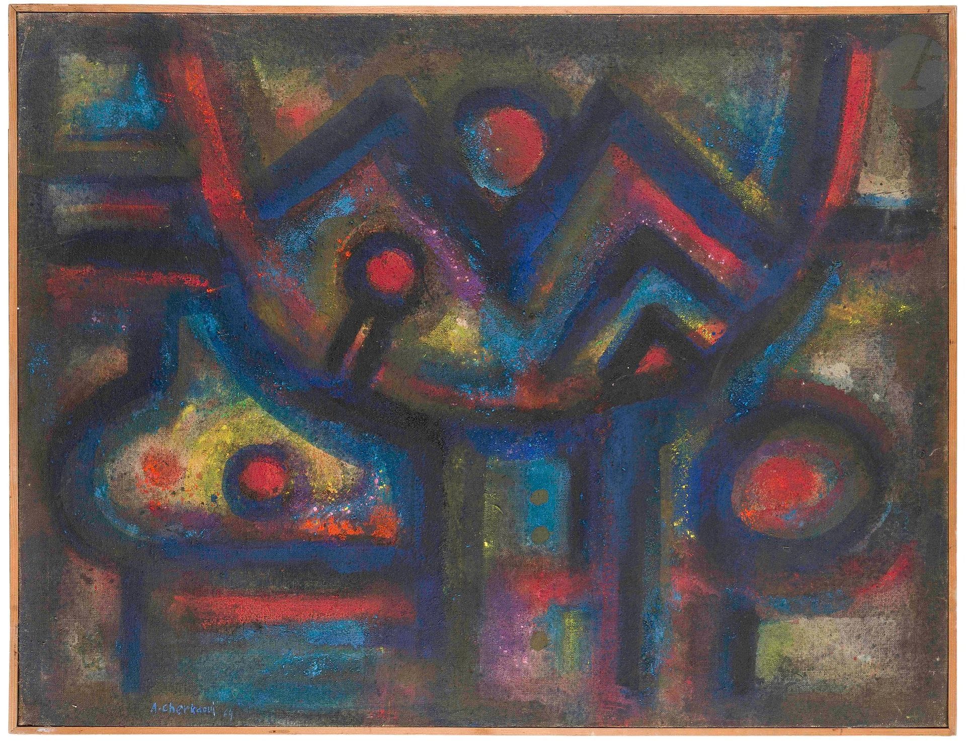 Ahmed CHERKAOUI [marocain] (1934-1967)
Signes au ciel, 1964
Huile sur toile.
Signée et datée en bas à gauche.
Signée, datée et titrée au dos.
89 x 116 cm

Provenance : 
- Galerie Jeanne Castel, Paris.
- Collection Marie-José Lefort. Offert par Jeanne Castel.

Exposition :
Cherkaoui, Galerie Jeanne Castel, Paris, 25 septembre - 16 octobre 1964.

Bibliographie:
" Jardin des Arts " n° 121, Décembre 1964, reproduit.

Nous remercions la Fondation Cherkaoui pour les informations qu'ils nous ont transmises.

Attention: enregistrement et dépôt de caution obligatoire pour ce lot.