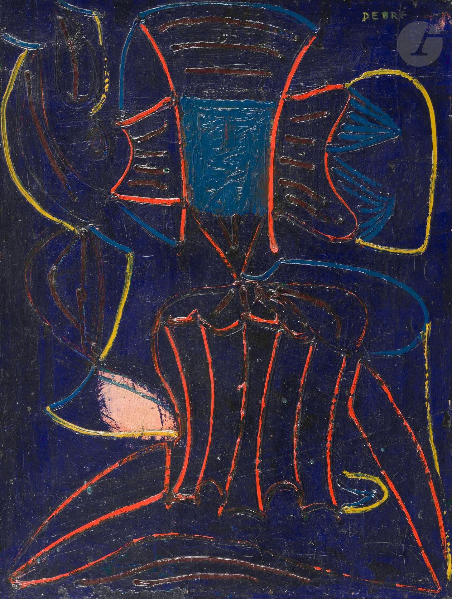 Olivier DEBRÉ (1920-1999)
L'Accordéoniste, 1948
Huile sur toile.
Signée en haut à droite.
(Manques).
61 x 50 cm