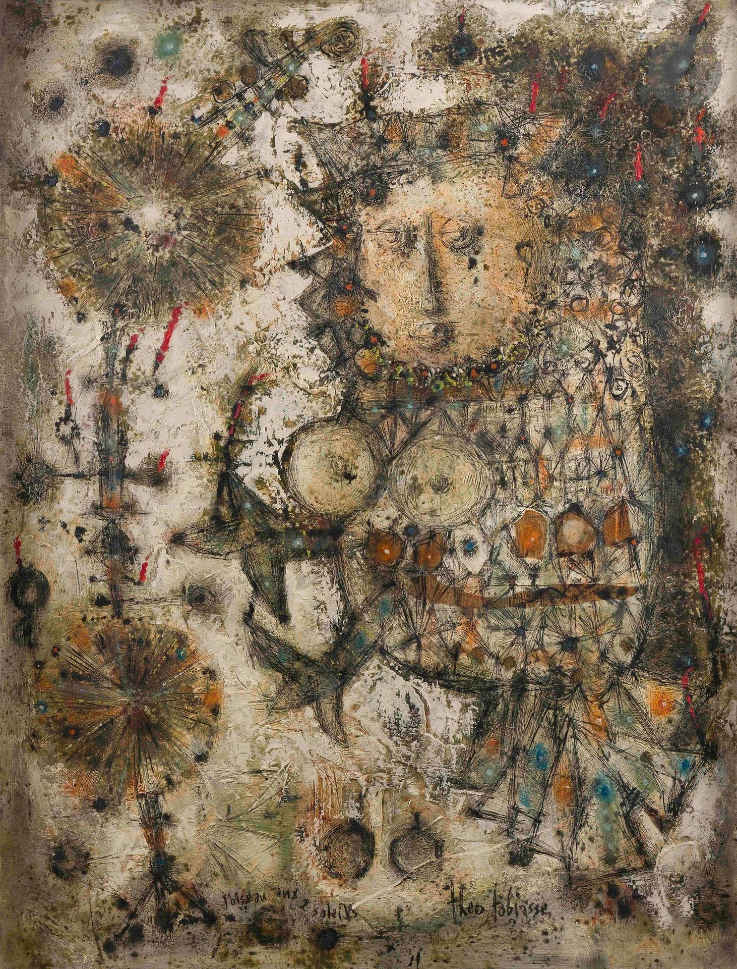 Théo TOBIASSE (1927-2012)
L'Oiseau aux 2 soleils, 1959
Huile sur toile.
Signée, datée et titrée dans la composition.
116 x 89 cm

Cette œuvre figurera à l'additif du Catalogue Raisonné de l'œuvre peint de Théo Tobiasse. Nous remercions Madame Catherine Faust-Tobiasse de nous avoir confirmé l'authenticité de cette œuvre.