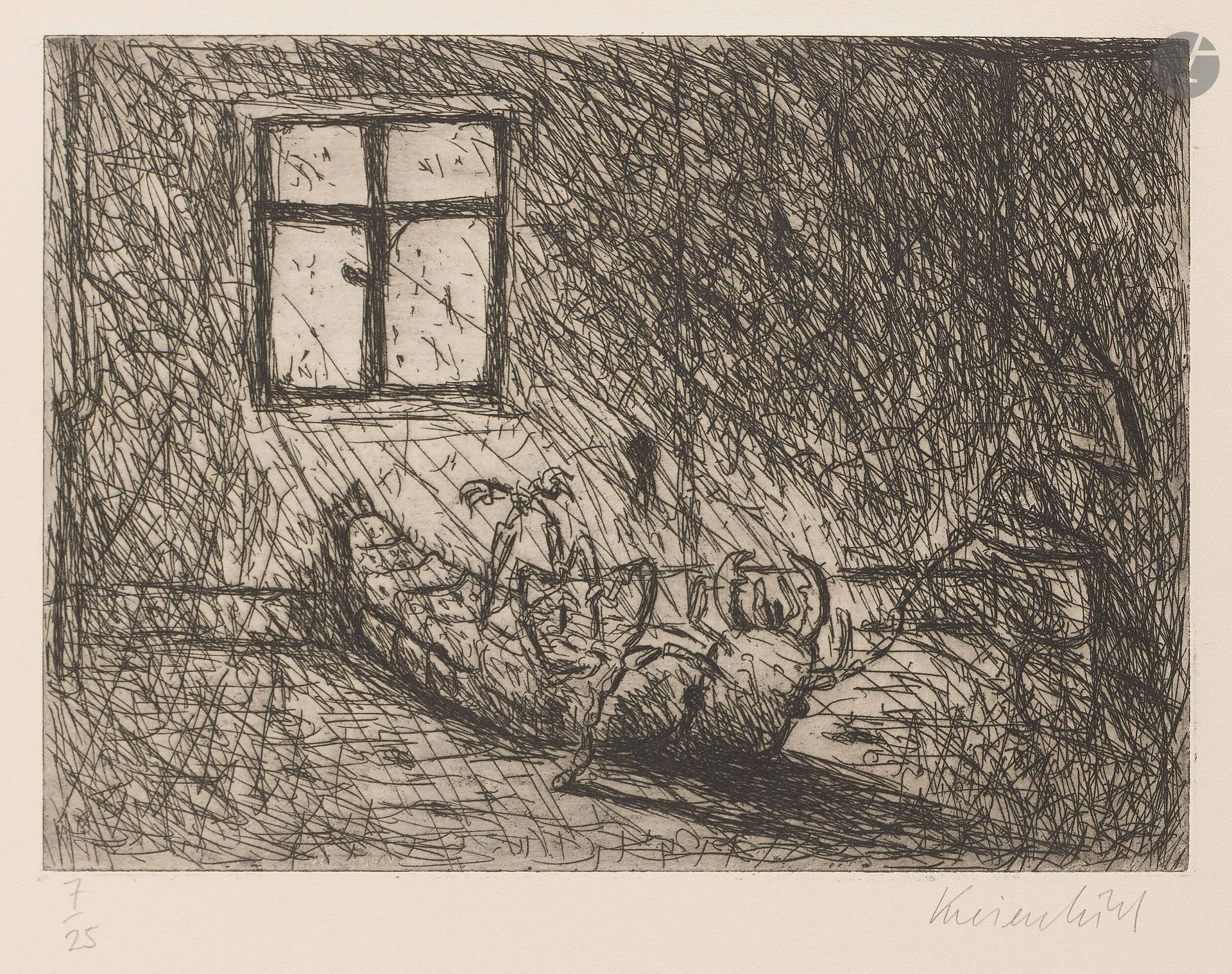 Jürg Kreienbühl (1932-2007)
La Métamorphose I, II et III (Kafka). 1952. Eau-forte et pointe sèche sur zinc. Chaque env. 250x180mm. Plumart G4, 5 et 6. Parfaites épreuves sur vélin ivoire, numérotées et signées au crayon. Toutes marges. Tirage à 25 épreuves. Ens. 3 p.