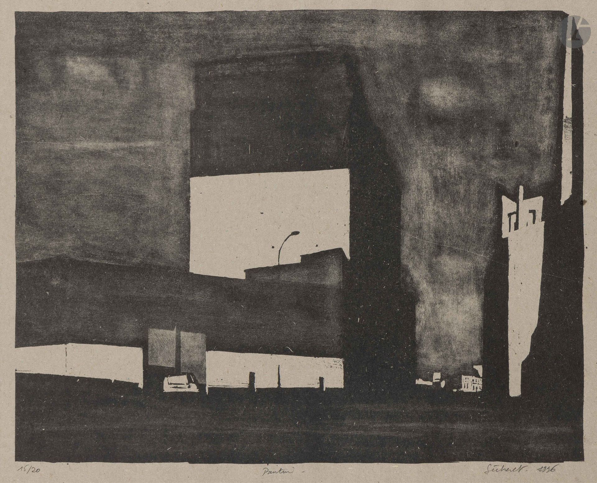 Jean-Baptiste Sécheret (born 1957)
Les Moulins de Pantin. 1996. Lithograph. 290x225mm. Plumart L106. Perfect proof on grey wove paper, numbered, titled, signed and dated in pencil. Full margins. Very rare. Edition of 20 proofs.