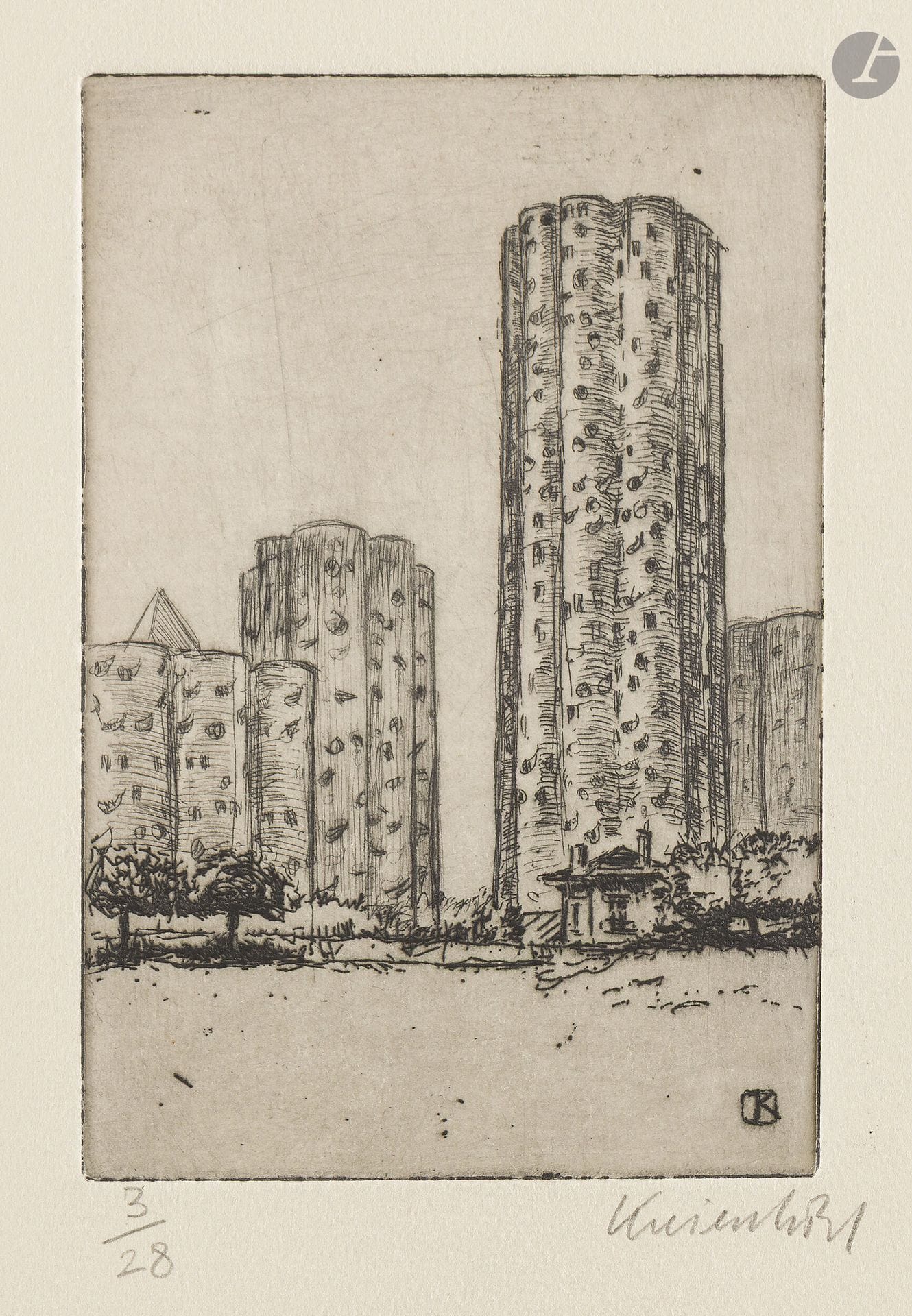 Jürg Kreienbühl (1932-2007)
La Maison du gardien de cimetière. 1977. Eau-forte et pointe sèche sur zinc. 99x147mm. Plumart G89. Parfaite épreuve sur vélin ivoire, numérotée et signée au crayon. Toutes marges. Tirage à 28 épreuves.