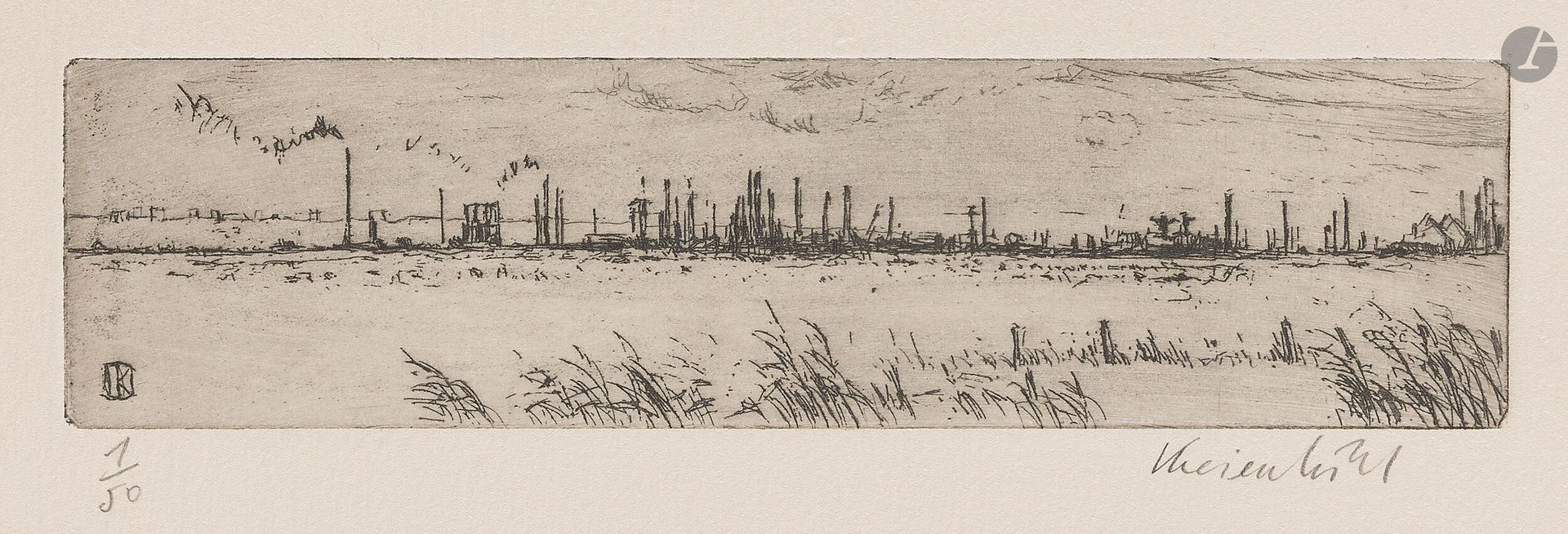 Jürg Kreienbühl (1932-2007)
Le Havre plain with France. 1978. Etching and drypoint on zinc. 197x49mm. Plumart G93. Perfect proof on ivory vellum, numbered and signed in pencil. Full margins. Edition of 50 proofs.
