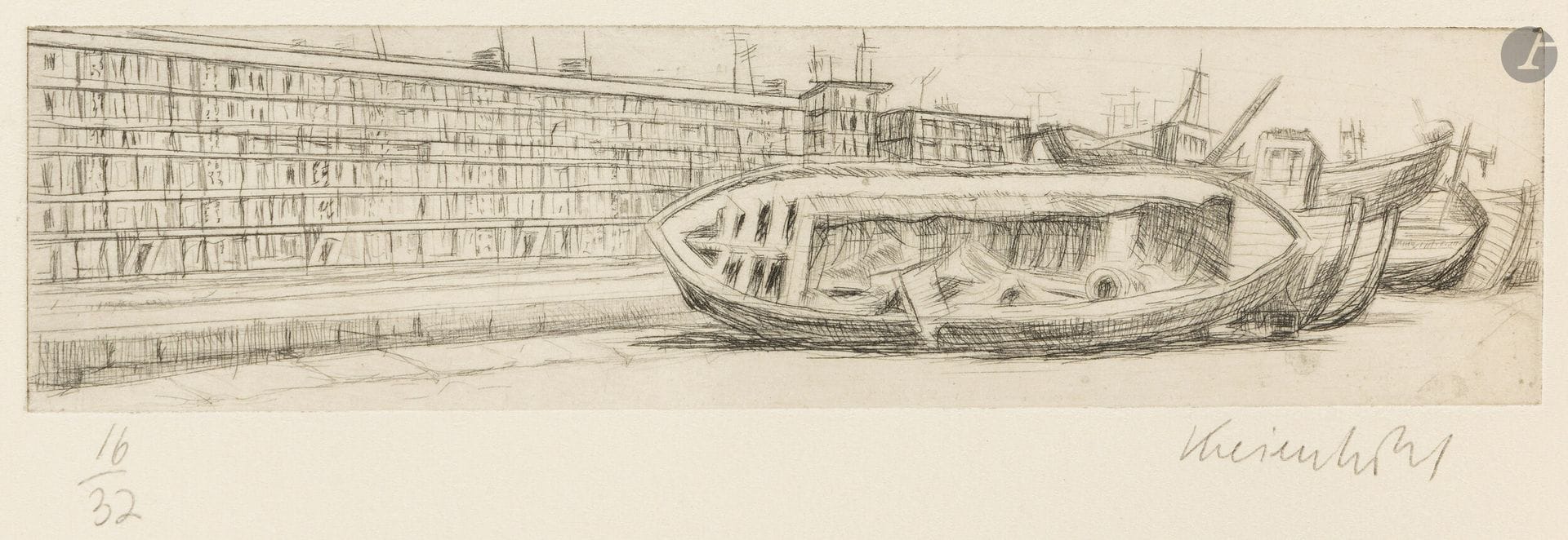 Jürg Kreienbühl (1932-2007)
H.L.M. et bateaux de pêcheurs. 1977. Pointe sèche sur zinc. 197x50mm. Plumart G82. Parfaite épreuve sur vélin blanc-jaune, numérotée et signée au crayon. Toutes marges. Tirage à 32 épreuves.