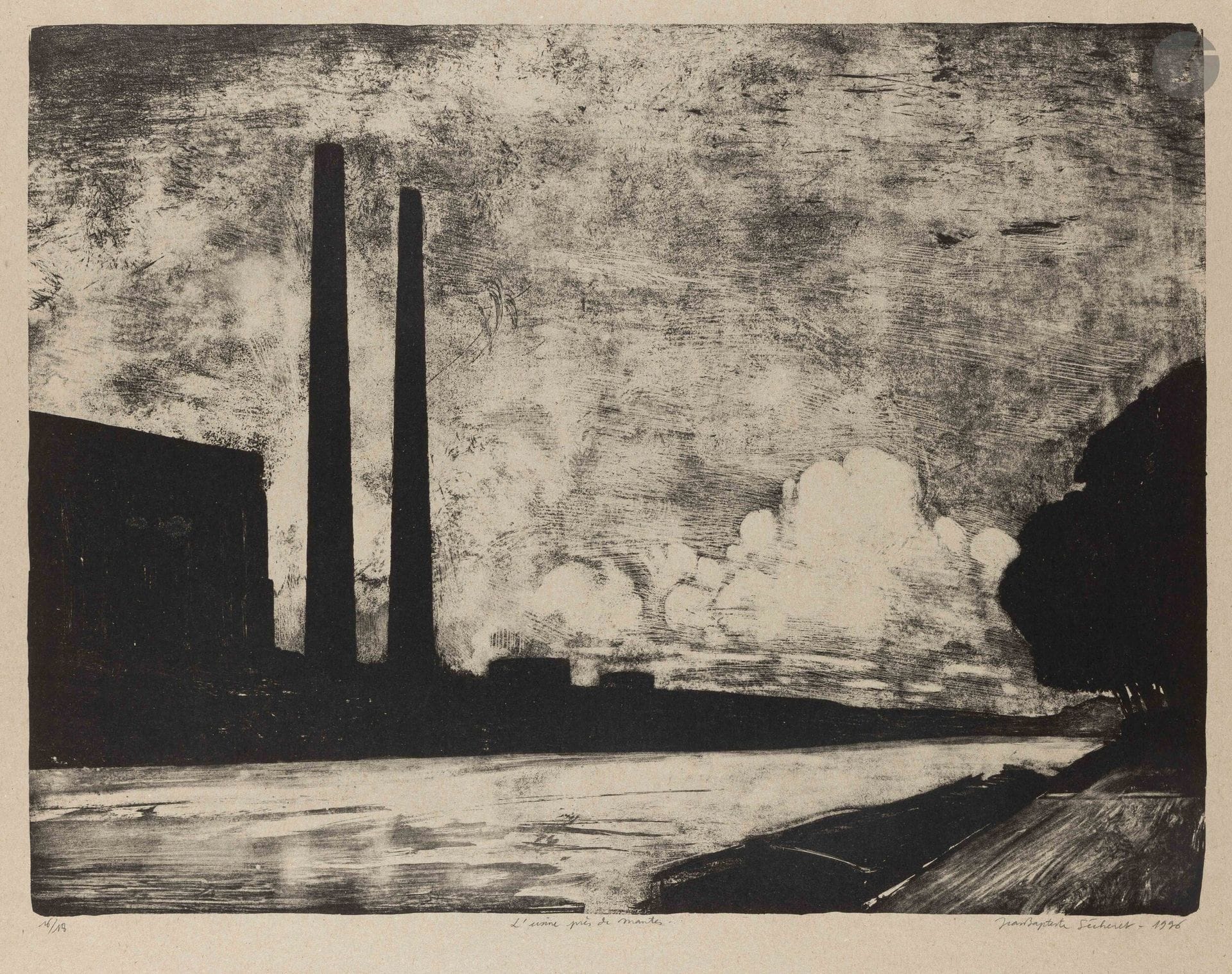 Jean-Baptiste Sécheret (né en 1957)
L’Usine près de Mantes. 1996. Lithographie. 620x465mm. Plumart L123. Parfaite épreuve sur vélin gris beige, numérotée, titrée, signée et datée au crayon. Toutes marges. Rare. Tirage à 18 épreuves.