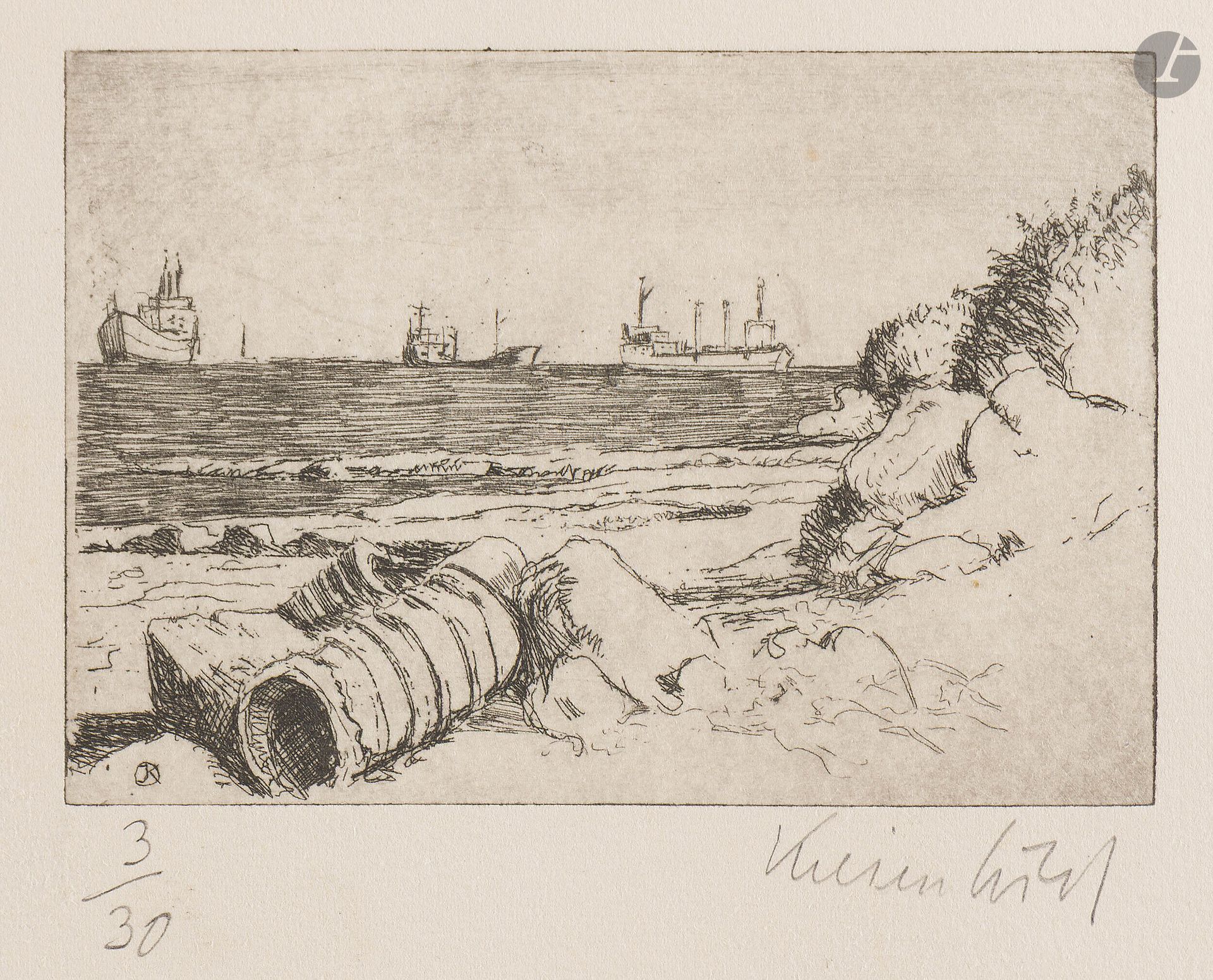 Jürg Kreienbühl (1932-2007)
Bateaux en attente, Marseille. 1978. Eau-forte et pointe sèche sur laiton. 197x49mm. Plumart G182. Parfaite épreuve sur vélin ivoire, numérotée et signée au crayon. Toutes marges. Tirage à 30 épreuves.