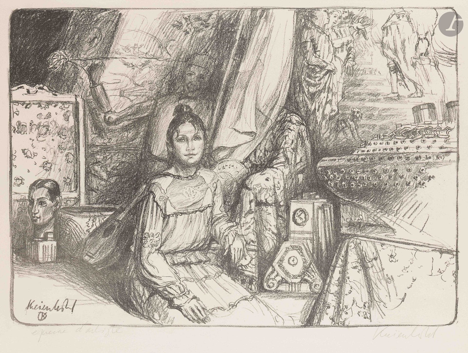 Jürg Kreienbühl (1932-2007)
Valerie in the studio. 1984. Lithograph. 630x445mm. Plumart L123. Perfect proof on ivory vellum, annotated "épreuve d'artiste" and signed in pencil. Full margins. Final edition of 30 proofs.