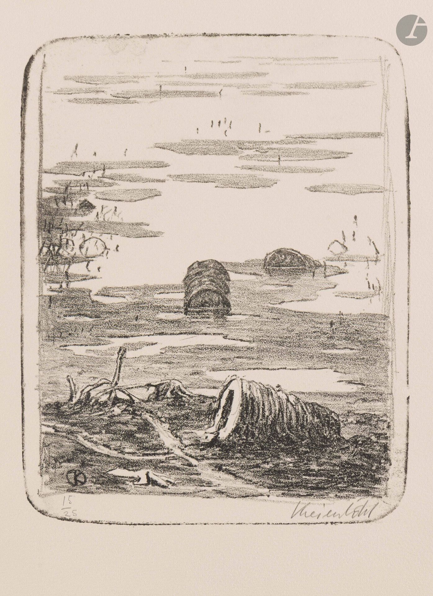 Jürg Kreienbühl (1932-2007)
Fûts de pétrole. 1980. Lithographie. 175x220mm. Plumart L84. Parfaite épreuve sur vélin ivoire, numérotée et signée au crayon. Toutes marges. Tirage à 25 épreuves.