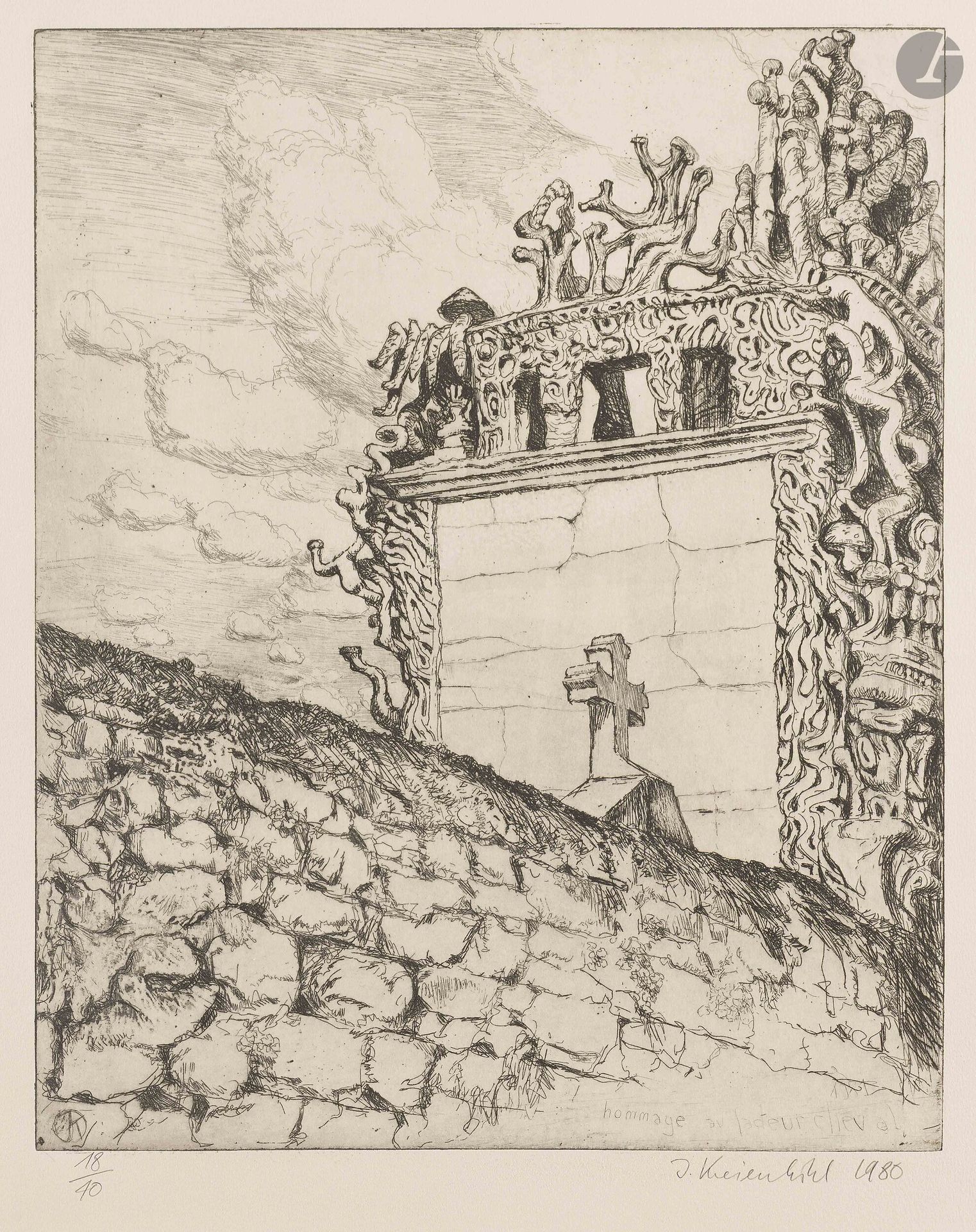 Jürg Kreienbühl (1932-2007)
Hommage au Facteur Cheval. 1980-1981. Eau-forte, aquatinte et pointe sèche sur laiton. 306x380mm. Plumart G169. Parfaite épreuve sur vélin ivoire, numérotée et signée au crayon puis datée «1980». Toutes marges. Tirage à 40 épreuves.