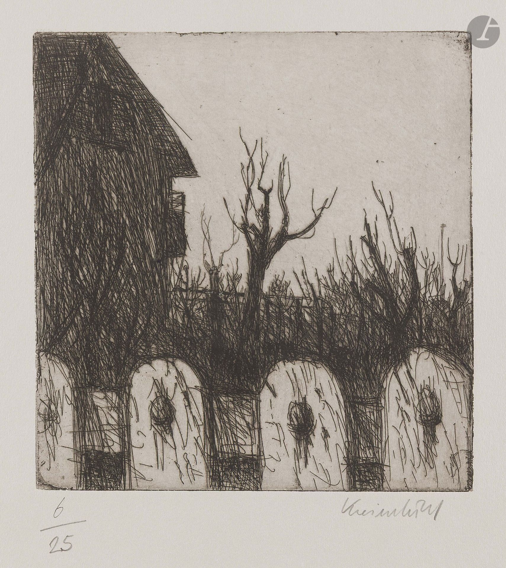 Jürg Kreienbühl (1932-2007)
Maison et clôture de jardin. 1952-1953. Eau-forte et pointe sèche sur zinc. 196x205mm. Plumart G10. Parfaite épreuve sur vélin gris, numérotée et signée au crayon. Toutes marges. Tirage à 25 épreuves.