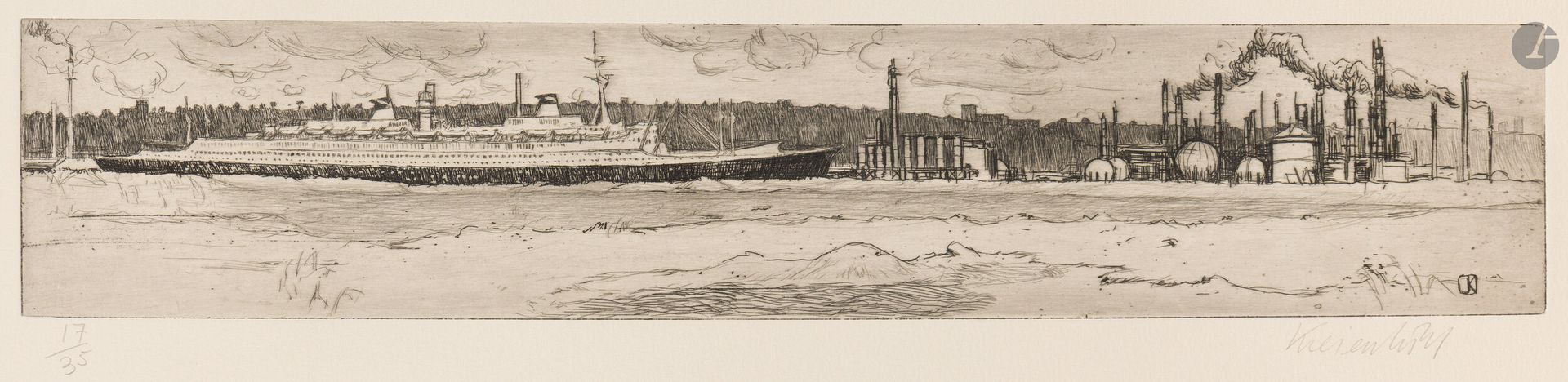Jürg Kreienbühl (1932-2007)
France refinery (Le Havre). 1978. Etching and drypoint on zinc. 464x90mm. Plumart G98. Perfect proof on ivory vellum, numbered and signed in pencil. Full margins. Edition of 35 proofs.
