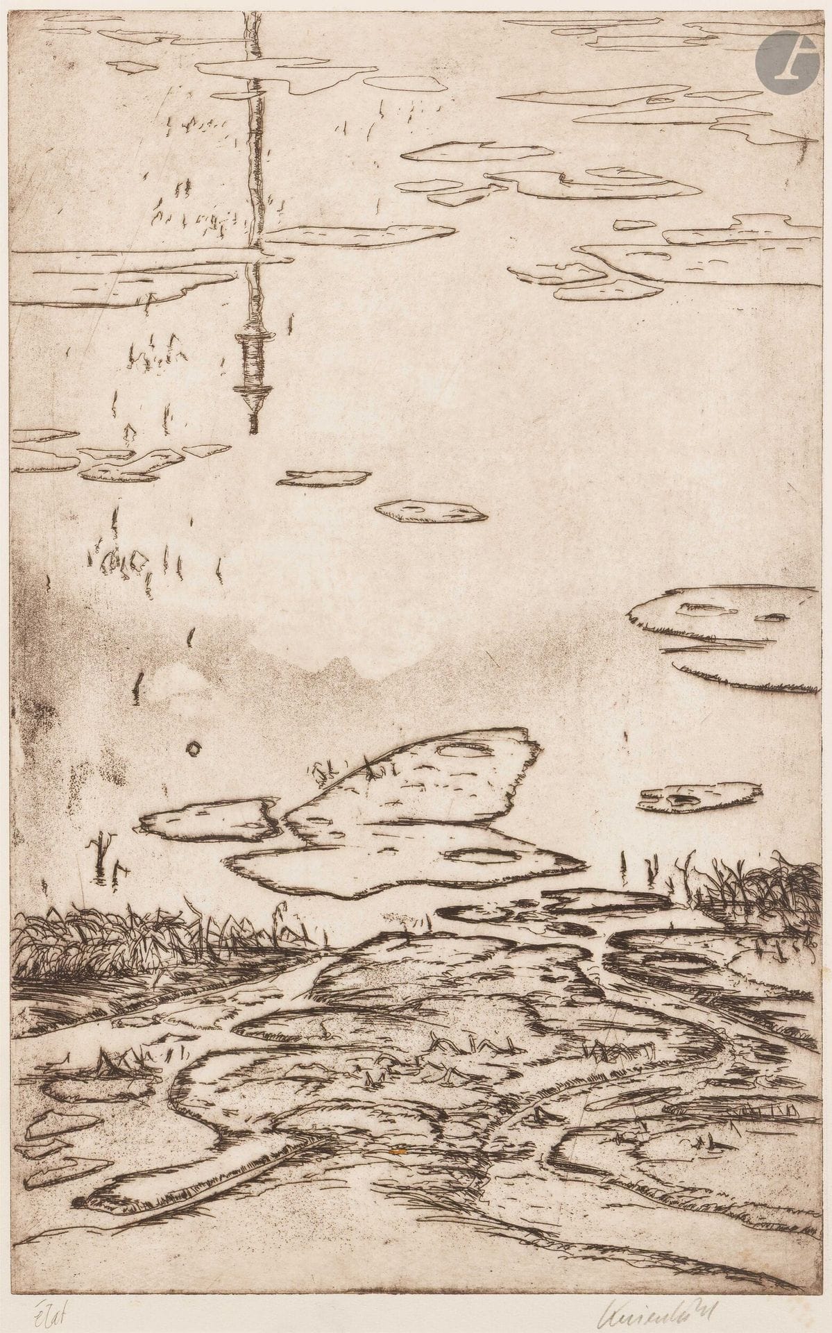 Jürg Kreienbühl (1932-2007)
Petrolnymphéas. 1978. Etching and aquatint on zinc. 344x551mm. Plumart G124. Very fine proof of the 1st state, printed in brown on thin cream laid paper, before further work, annotated "Etat" and signed in pencil. Some light foxing to the right of the signature. Full margins. Final edition of 30 proofs.