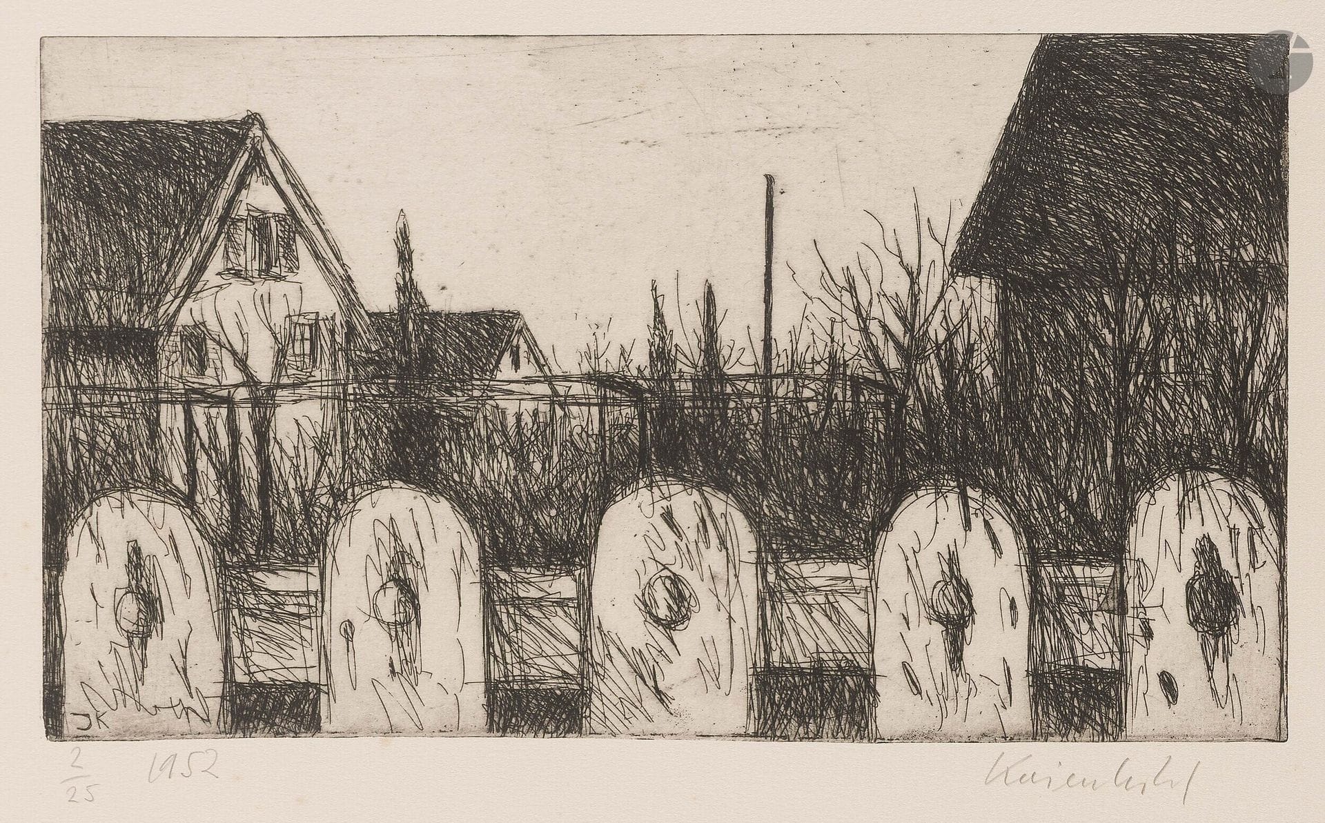 Jürg Kreienbühl (1932-2007)
Trois maisons au Bruderholz. 1952. Eau-forte et pointe sèche sur zinc. 313x175mm. Plumart G9. Parfaite épreuve sur vélin ivoire, numérotée, datée et signée au crayon. Toutes marges. Tirage à 25 épreuves.