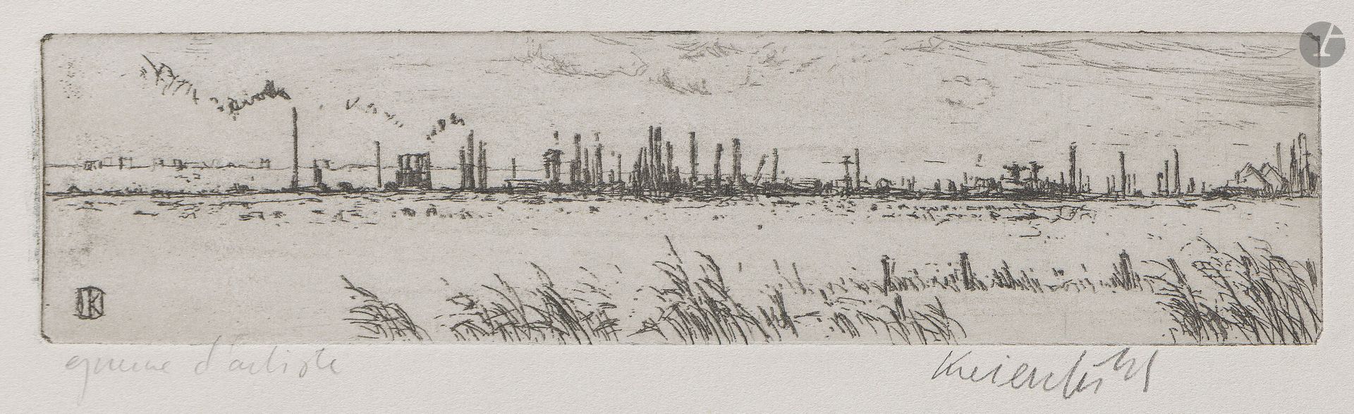 Jürg Kreienbühl (1932-2007)
Le Havre plain with France. 1978. Etching and drypoint on zinc. 197x49mm. Plumart G93. Perfect proof on blue-gray tinted vellum, annotated "epreuve d'artiste" and signed in pencil. Full margins. Final edition of 50 proofs.