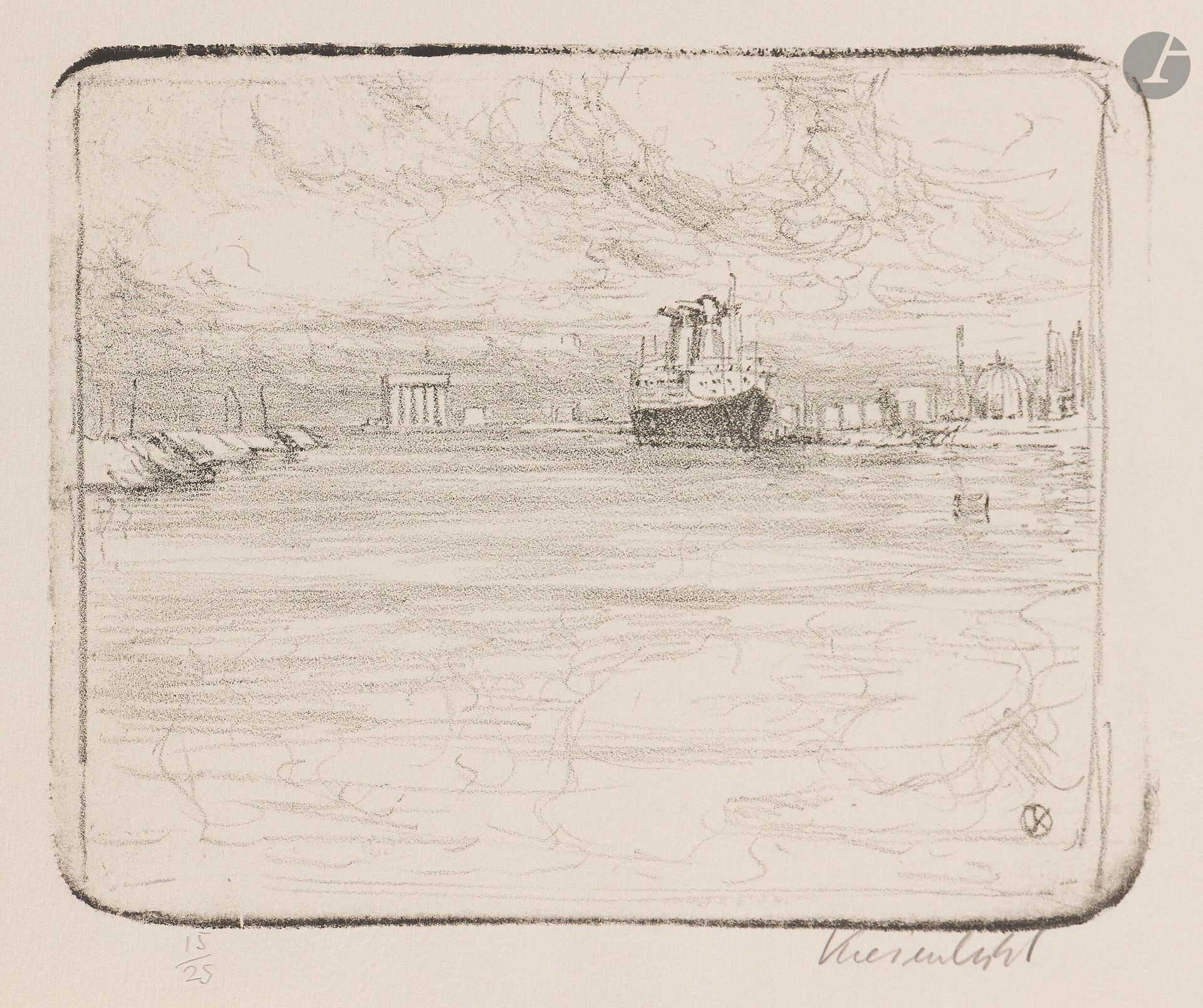 Jürg Kreienbühl (1932-2007)
Paysage industriel avec France (Le Havre). 1978. Lithographie. 222x182mm. Plumart L78. Parfaite épreuve sur vélin ivoire, numérotée et signée au crayon. Toutes marges. Tirage à 25 épreuves.