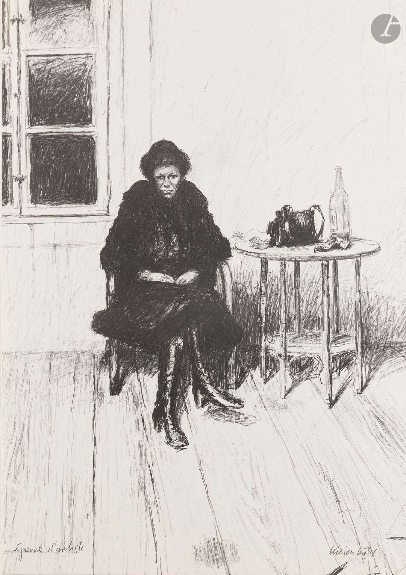 Jürg Kreienbühl (1932-2007)
La Dame en noir. 1971. Zincographie. 480x700mm. Plumart L47. Parfaite épreuve tirée pleine feuille sur vélin mince blanc, annotée «épreuve d’artiste» et signée au crayon. Toutes marges. Tirage définitif à 50 épreuves.