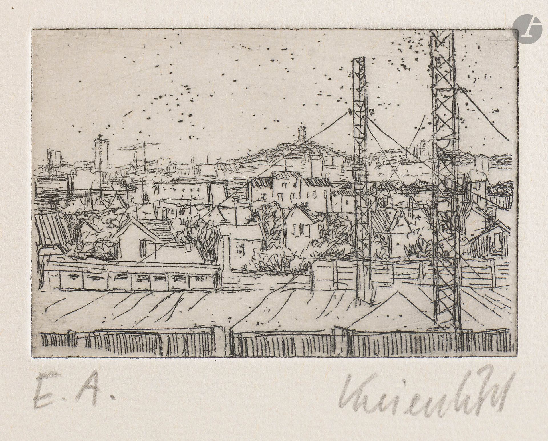Jürg Kreienbühl (1932-2007)
Émetteurs de l'arsenal. 1868; Les Poteaux électriques. 1970; Gypsy caravan; Slum shack in Nanterre; Wooden shack. 1976; Angle de maison; Le Cimetière de banlieue. 1978; Study of a house in Brussels. 1986. Etching. Various formats. Plumart G29, 31, 60, 61, 69, 126, 141, 196. Perfect proofs on vellum, justified or numbered and signed in pencil. Full margins. Set. 8 p.