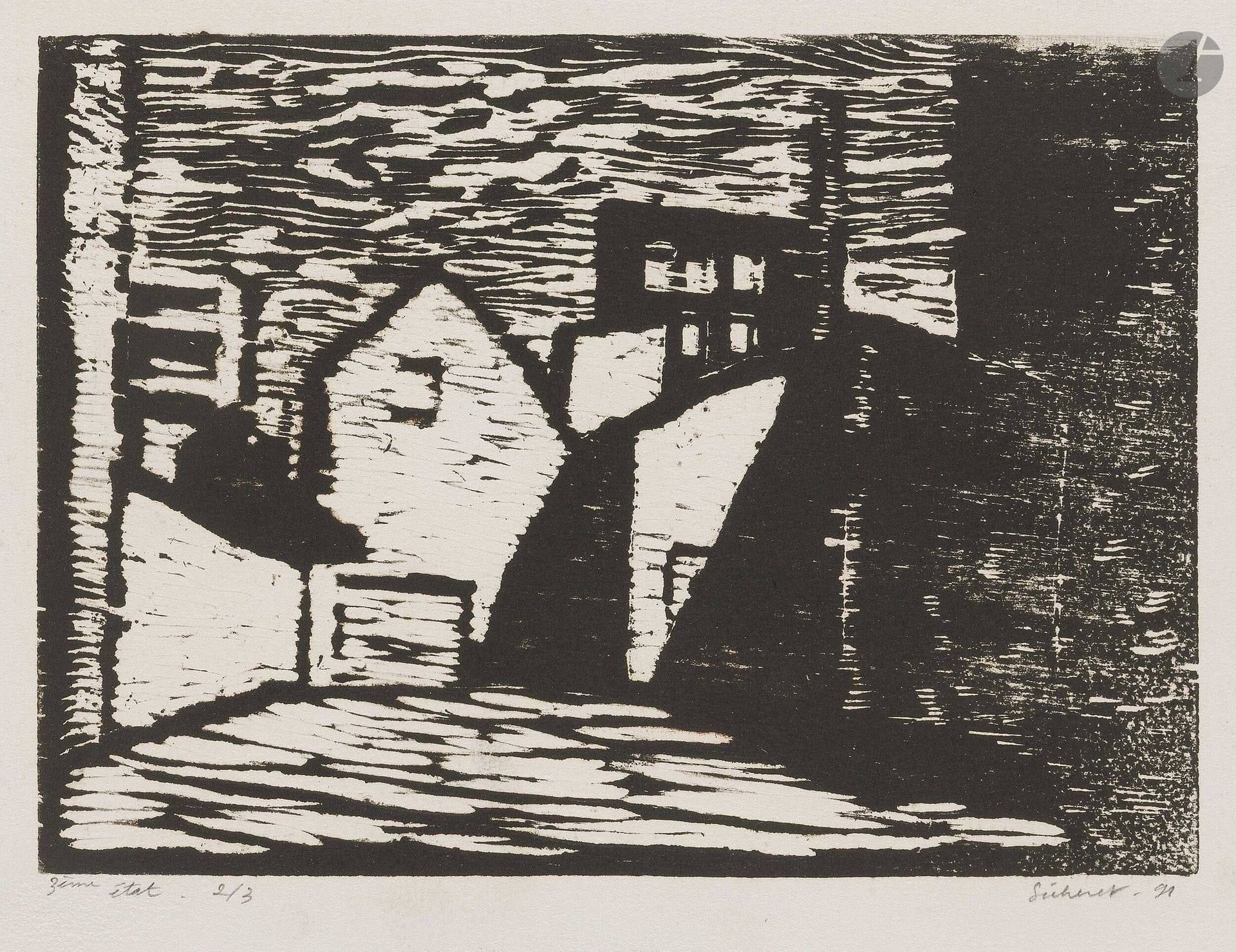 Jean-Baptiste Sécheret (né en 1957)
L’Usine à Puteaux. 1991. Linogravure. 250x180mm. Plumart LG 4. Parfaite épreuve sur vélin blanc, annotée «3ème état 2/3», signée et datée au crayon. Toutes marges. Tirage total à 18 épreuves, tous états confondus.