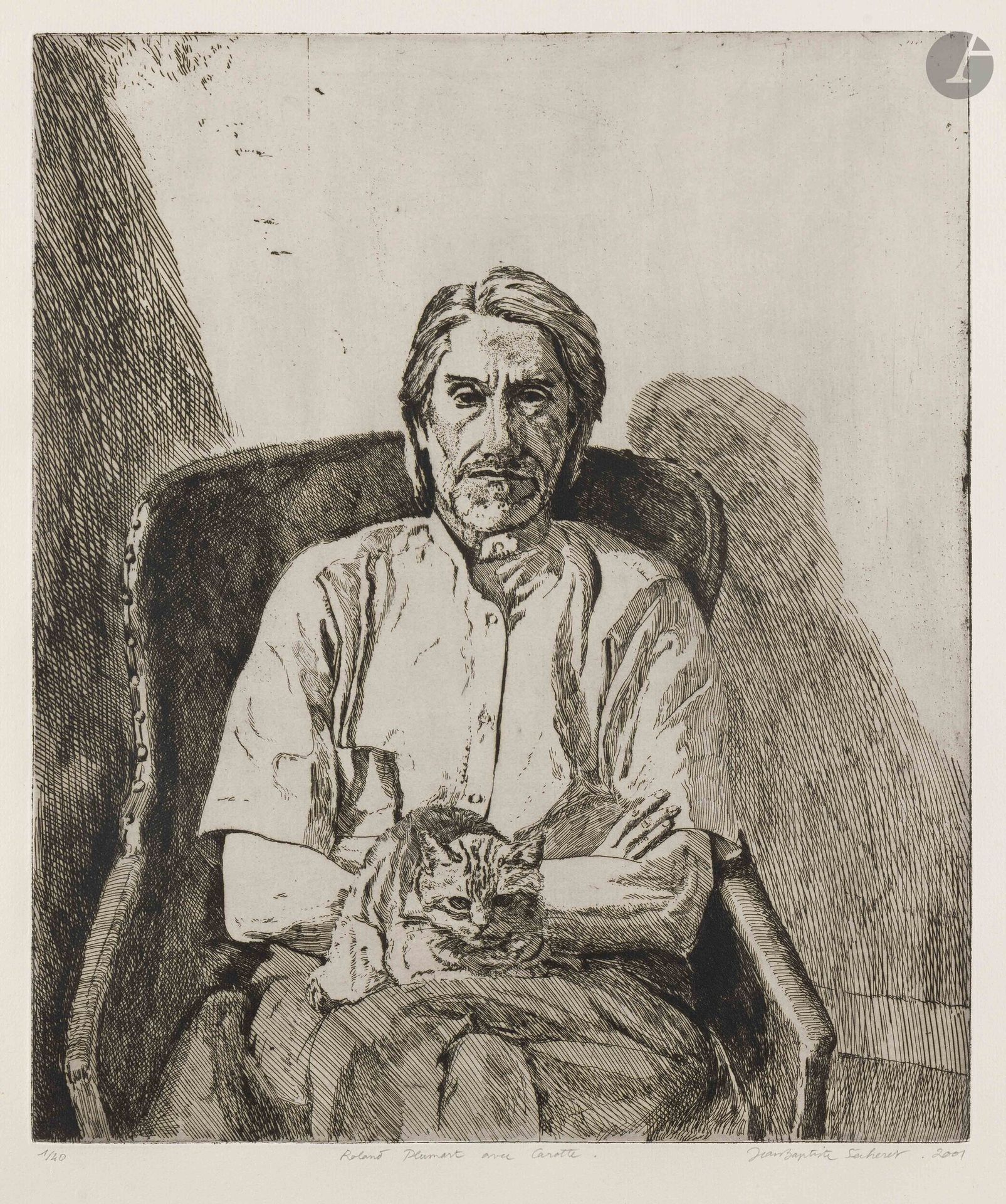 Jean-Baptiste Sécheret (né en 1957)
Roland Plumart et Carotte. 2001. Eau-forte. 346x413mm Plumart G94. Parfaite épreuve sur vélin blanc, numérotée, titrée, signée et datée au crayon. Toutes marges. Tirage à 40 épreuves.