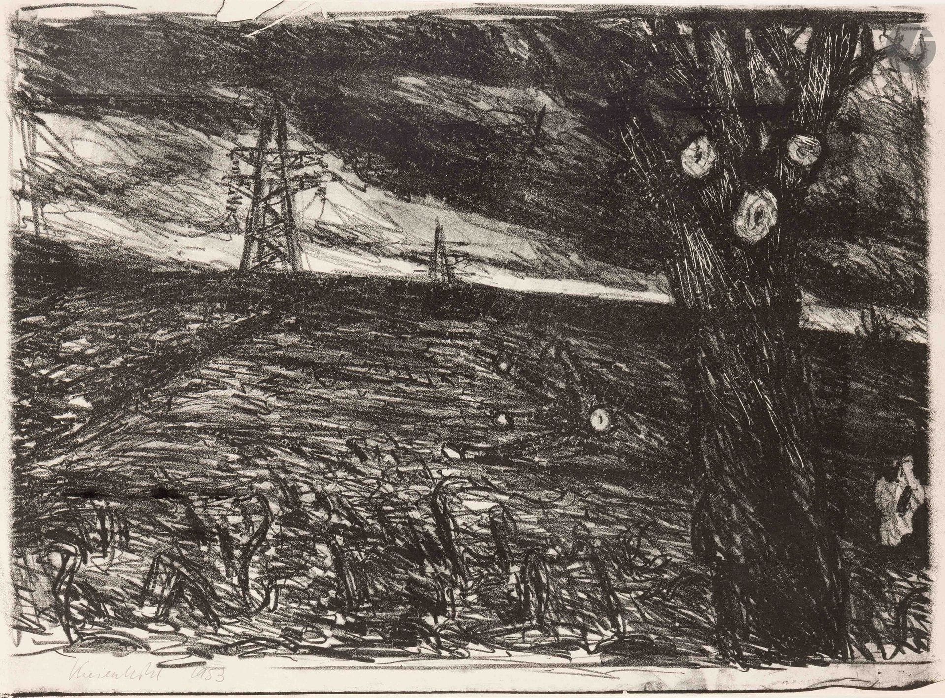 Jürg Kreienbühl (1932-2007)
Cut trees and power line in a stormy landscape. 1953. Lithograph. 555x400mm. Plumart L29. Perfect proof on thin cream vellum, signed and dated in pencil. Full margins. Edition of 15 proofs.