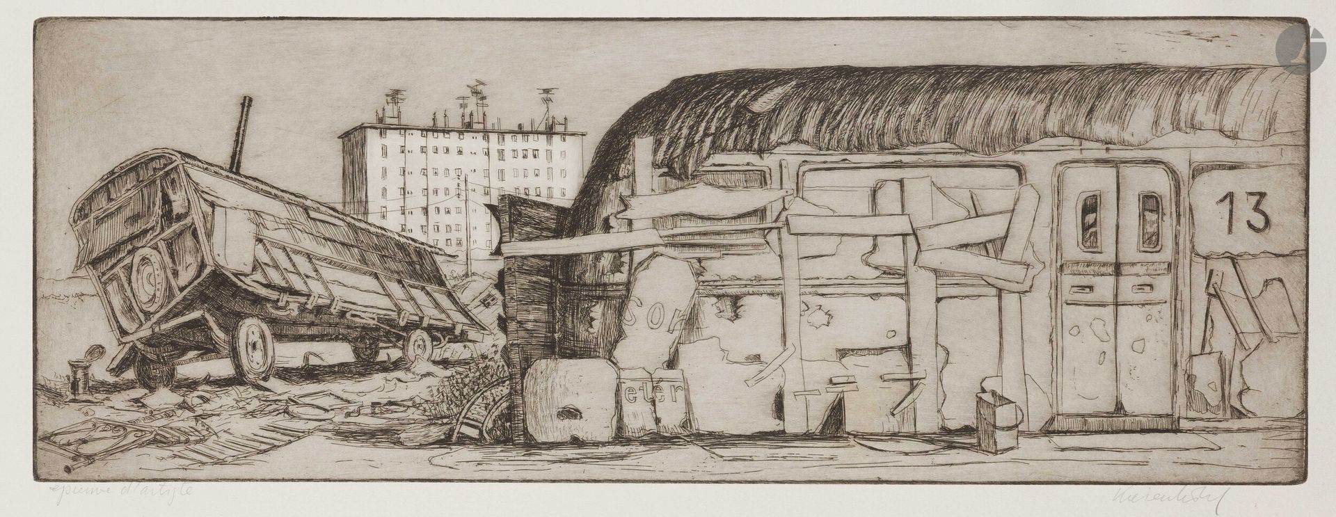 Jürg Kreienbühl (1932-2007)
Autobus, H.L.M et roulotte (Nanterre). 1977. Eau-forte et pointe sèche sur laiton. 668x249mm. Plumart G79. Parfaite épreuve sur vélin gris perle, annotée «épreuve d’artiste» et signée au crayon. Toutes marges. Tirage définitif à 50 épreuves.