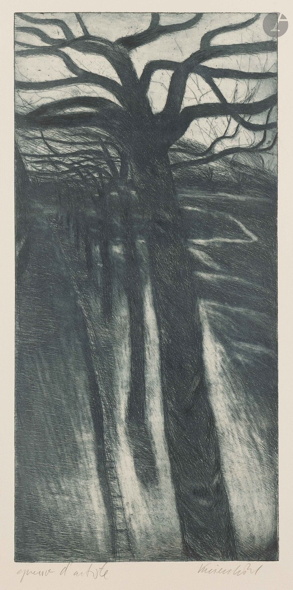 Jürg Kreienbühl (1932-2007)
Allée d’arbres au crépuscule. 1953. Eau-forte et pointe sèche sur zinc. 257x523mm. Plumart G15. Parfaite épreuve tirée en noir bleuté sur vélin ivoire, annotée «épreuve d’artiste» et signée au crayon. Toutes marges. Tirage définitif à 42 épreuves.