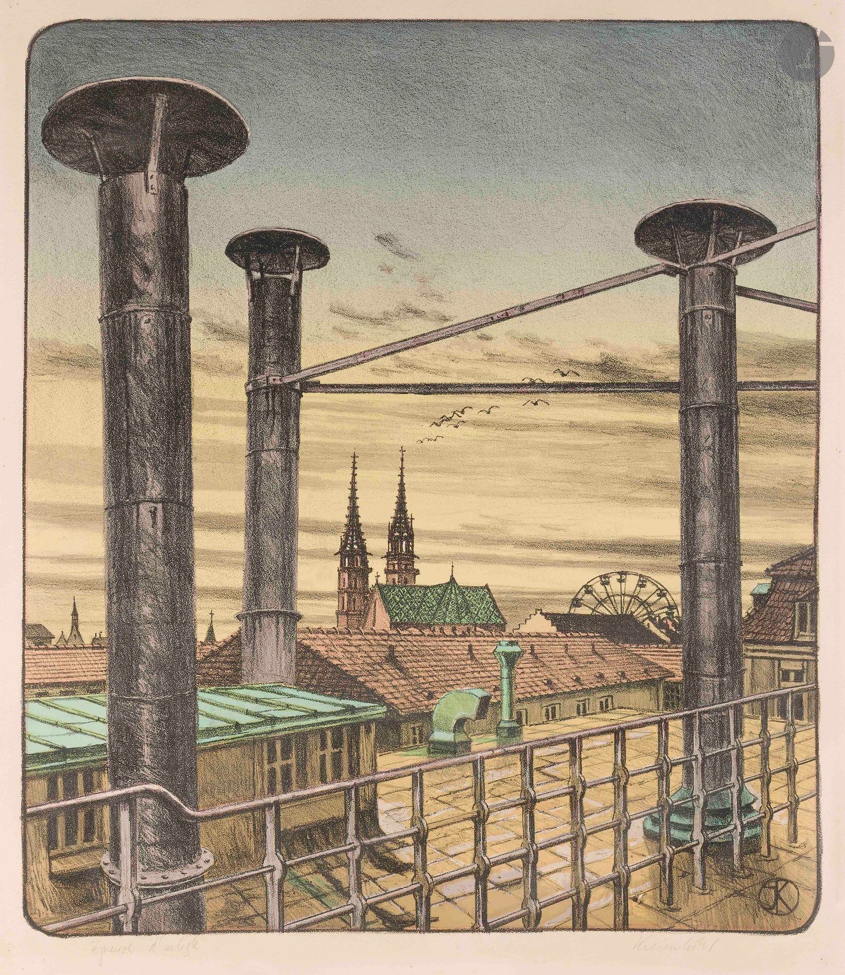 Jürg Kreienbühl (1932-2007)
La Terrasse de la brasserie Warteck à Bâle. 1992. Lithographie. [625x720mm]. Plumart L146. Impression en couleurs. Très belle épreuve sur vélin ivoire, justifiée «épreuve d’artiste» et signée au crayon. Toutes marges. Tirage définitif à 70 épreuves environ.