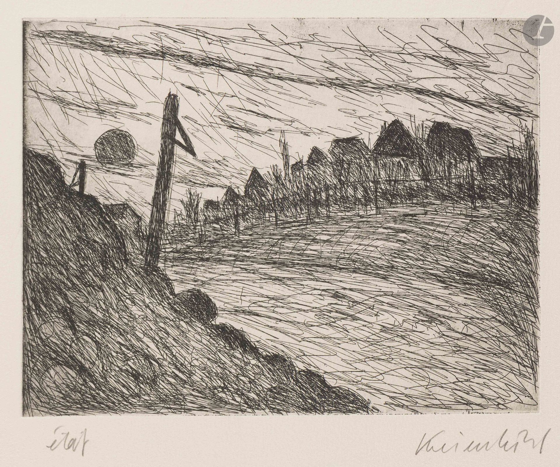 Jürg Kreienbühl (1932-2007)
Landscape at dusk. 1953. Etching and drypoint on zinc. 222x168mm. Plumart G16. Perfect proof on ivory vellum, annotated "état" and signed in pencil. Full margins. Edition of 25 proofs.