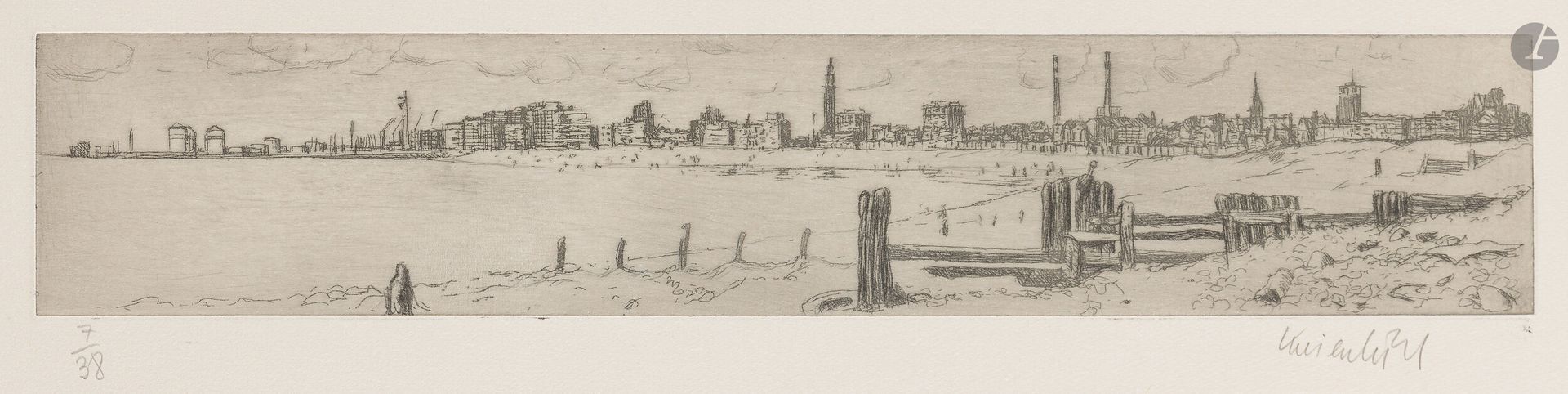Jürg Kreienbühl (1932-2007)
Panoramic view of Le Havre. 1978. Etching and drypoint on brass. 380x70mm. Plumart G134. Perfect proof on ivory vellum, numbered and signed in pencil. Full margins. Edition of 38 proofs.