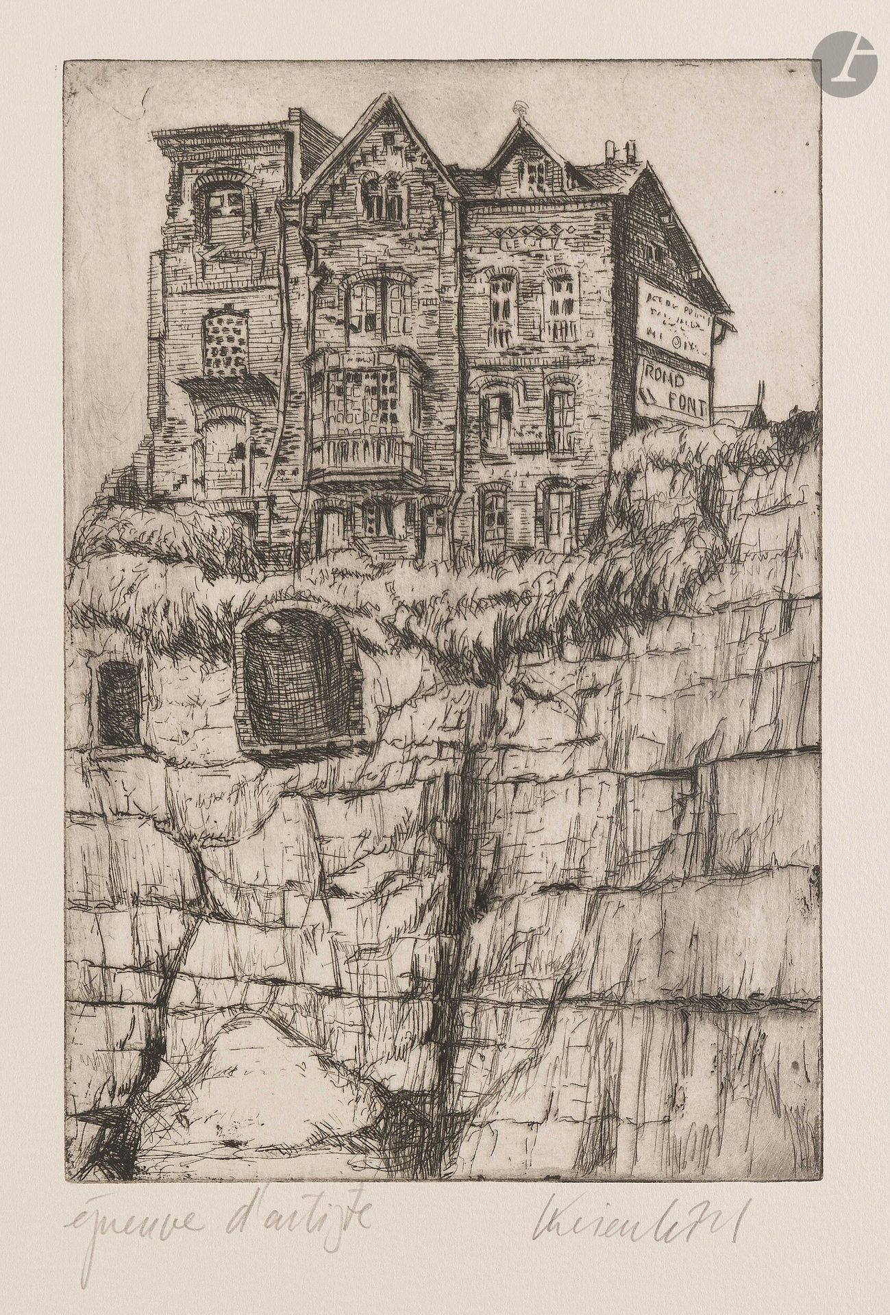 Jürg Kreienbühl (1932-2007)
Three houses on the cliff. 1984. Etching and drypoint on brass. 169x247mm. Plumart G193. Perfect proof on ivory vellum, annotated "épreuve d'artiste" and signed in pencil. Full margins. Final edition of 100 proofs.
