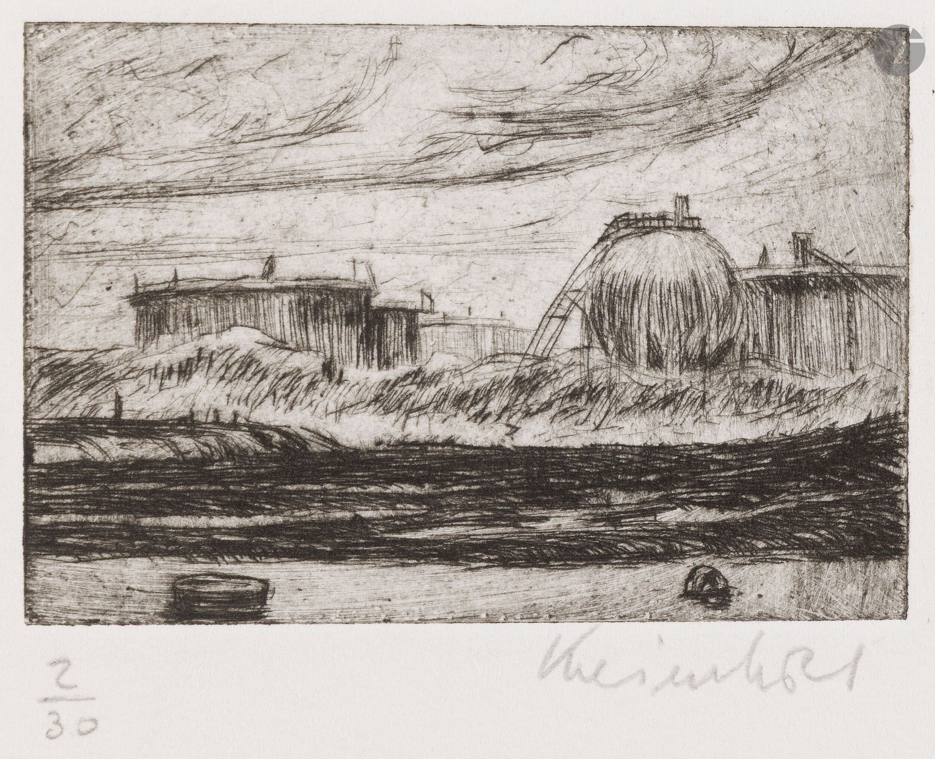 Jürg Kreienbühl (1932-2007)
Port of Le Havre with two tanks. 1972. Drypoint on zinc. 89x60mm. Plumart G51. Perfect proof on white vellum, numbered and signed in pencil. Full margins. Edition of 30 proofs. 
Attached: Décharge en banlieue. 1976. Etching on zinc. 89x59mm. Plumart G63. Same condition. Edition of 10 proofs.
Set. 2 p.