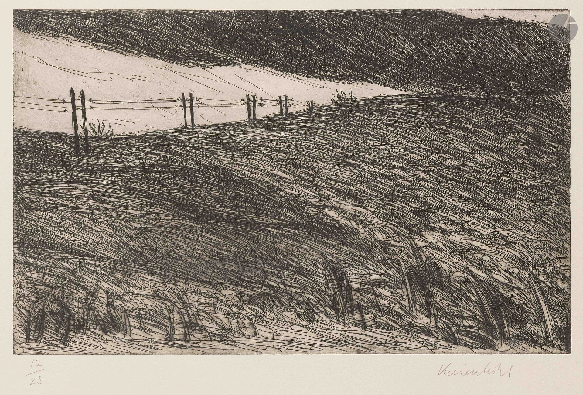 Jürg Kreienbühl (1932-2007)
Landscape with power line. 1953. Etching and drypoint on zinc. 420x260mm. Plumart G13. Perfect proof on ivory vellum, numbered and signed in pencil. Full margins. Edition of 25 proofs.