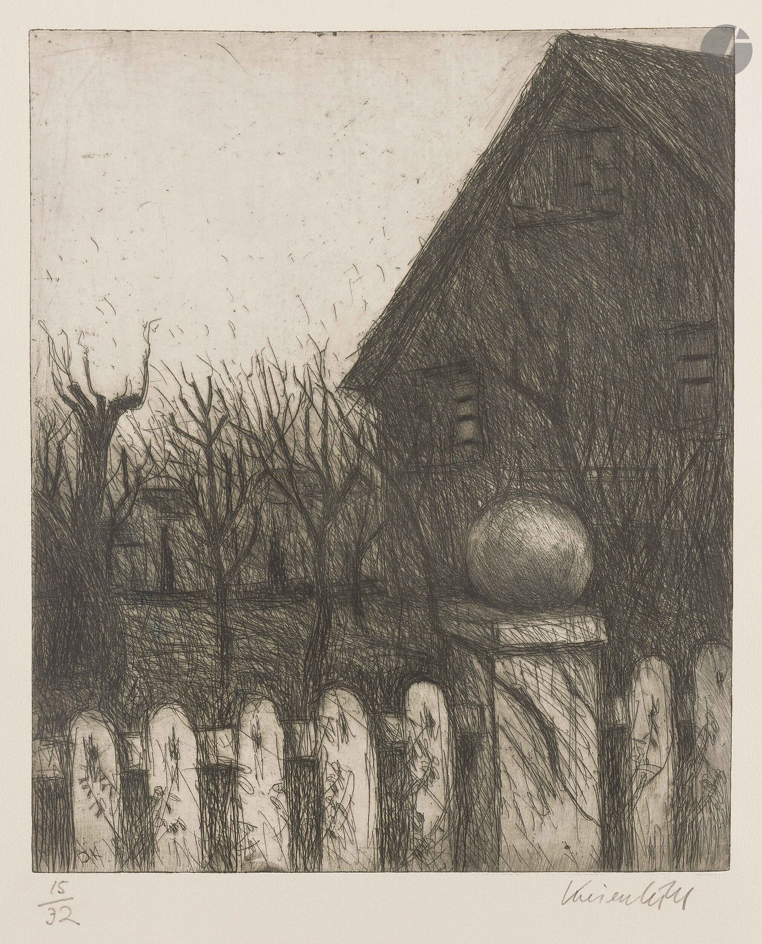 Jürg Kreienbühl (1932-2007)
Maison et jardin. 1953. Eau-forte et pointe sèche sur zinc. 328x400mm. Plumart G11. Parfaite épreuve sur vélin ivoire, numérotée et signée au crayon. Toutes marges. Tirage à 32 épreuves.