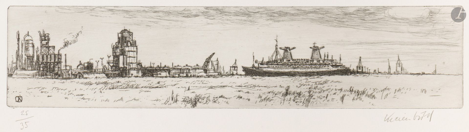 Jürg Kreienbühl (1932-2007)
Paysage industriel avec France (Le Havre). 1978. Eau-forte et pointe sèche sur laiton. 447x100mm. Plumart G220. Parfaite épreuve sur vélin ivoire, numérotée et signée au crayon. Toutes marges. Tirage à 35 épreuves.