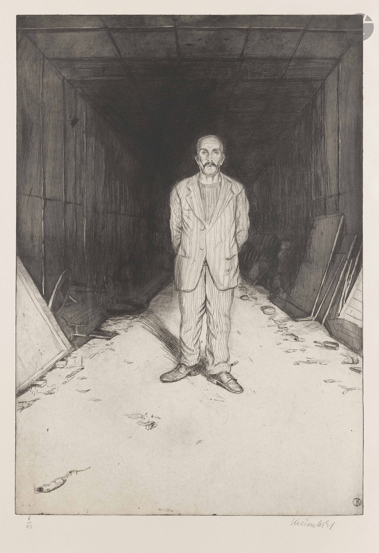 Jürg Kreienbühl (1932-2007)
L'Homme au rat. 1981-1995. Etching, aquatint, drypoint and roulette on zinc. 442x643mm. Plumart G176. Perfect proof on white vellum, numbered and signed in pencil. Full margins. Edition of 45 proofs.