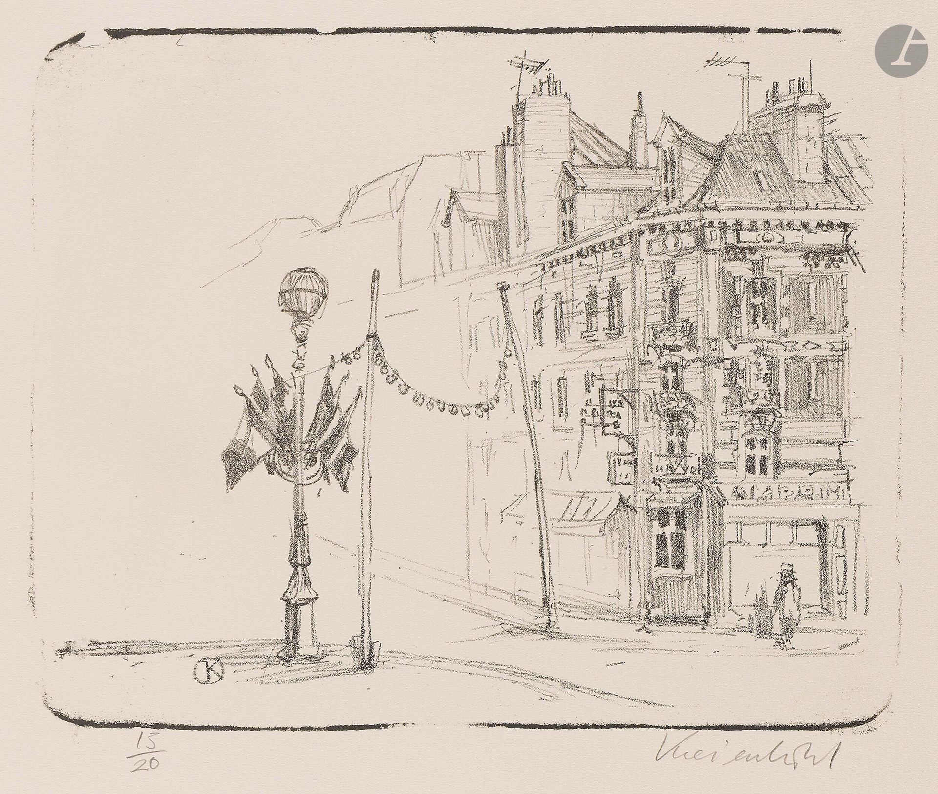 Jürg Kreienbühl (1932-2007)
"To Faithful Friends". 1980; July 14 in Le Havre. 1980. Lithograph. 280x225-230mm. Plumart L83 and L86. Perfect proofs on ivory vellum, numbered and signed in pencil. Full margins. Edition of 15 and 20 proofs respectively. Set. 2 p.