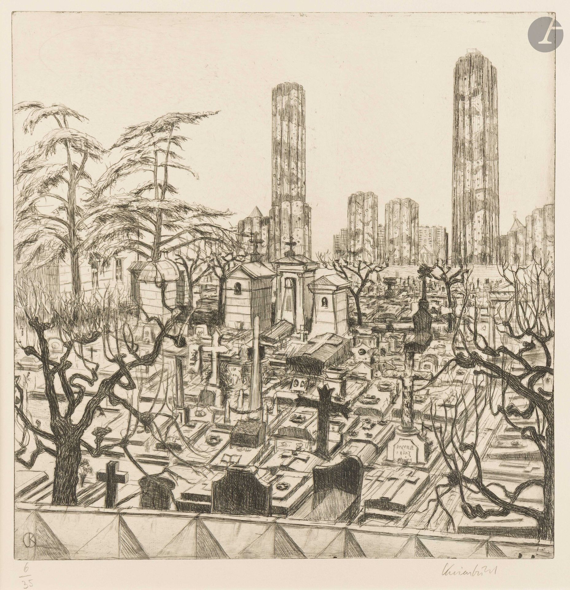 Jürg Kreienbühl (1932-2007)
Tombes (cimetière de Neuilly et La Défense). 1982-1997. Eau-forte, pointe sèche et roulette sur laiton. 417x419mm. Plumart G179. Parfaite épreuve sur vélin ivoire, numérotée et signée au crayon. Toutes marges. Tirage à 35 épreuves.