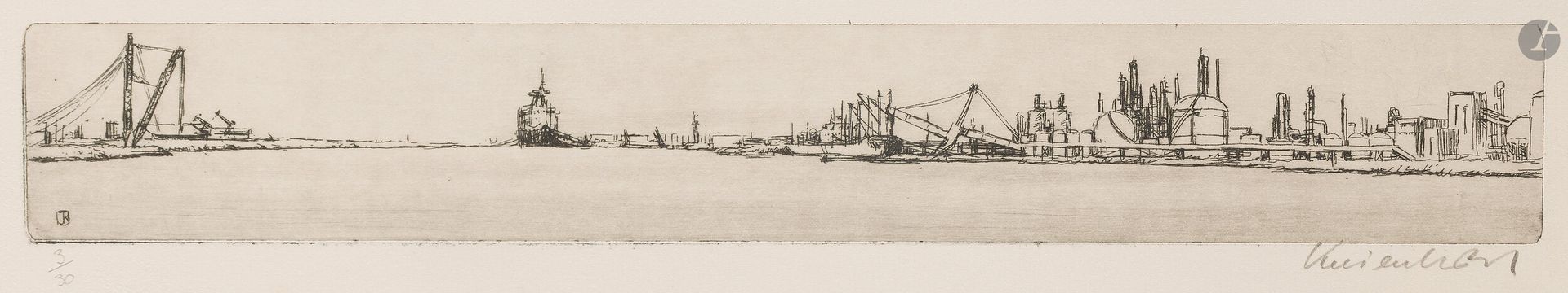 Jürg Kreienbühl (1932-2007)
Port du Havre avec France. 1978. Eau-forte et pointe sèche sur laiton. 423x60mm. Plumart G95. Parfaite épreuve sur vélin ivoire, numérotée et signée au crayon. Toutes marges. Tirage à 30 épreuves.