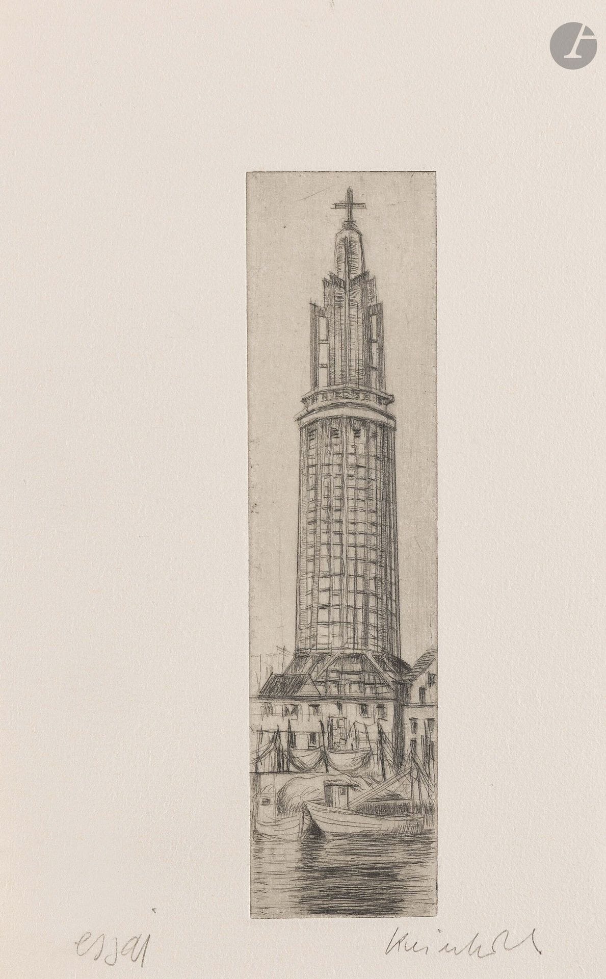 Jürg Kreienbühl (1932-2007)
Église au Havre. 1977. Pointe sèche sur zinc. 50x197mm. Plumart G88. Parfaite épreuve sur vélin ivoire, annotée «Essai» et signée au crayon. Toutes marges. Tirage définitif à 42 épreuves.
