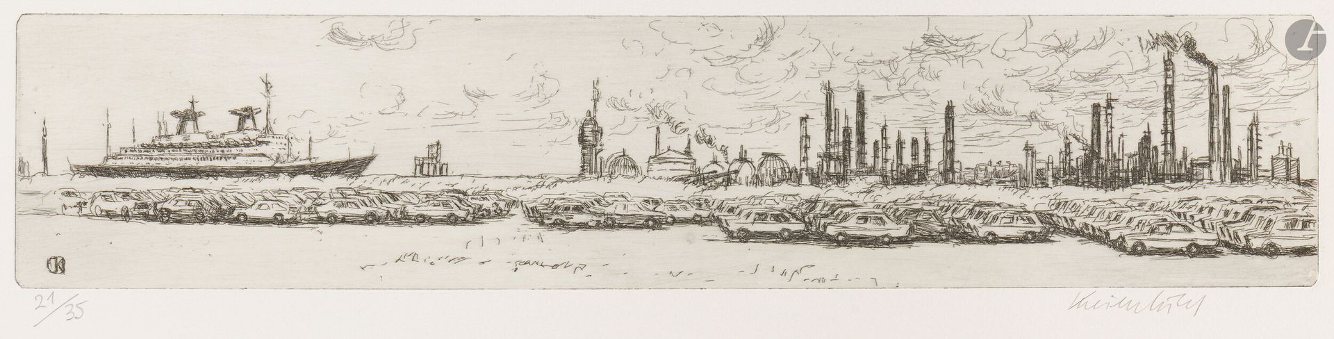 Jürg Kreienbühl (1932-2007)
Le France, autos et raffinerie (Le Havre). 1978. Eau-forte et pointe sèche sur laiton. 429x89mm. Plumart G96. Parfaite épreuve sur vélin ivoire, numérotée et signée au crayon. Toutes marges. Tirage à 35 épreuves.