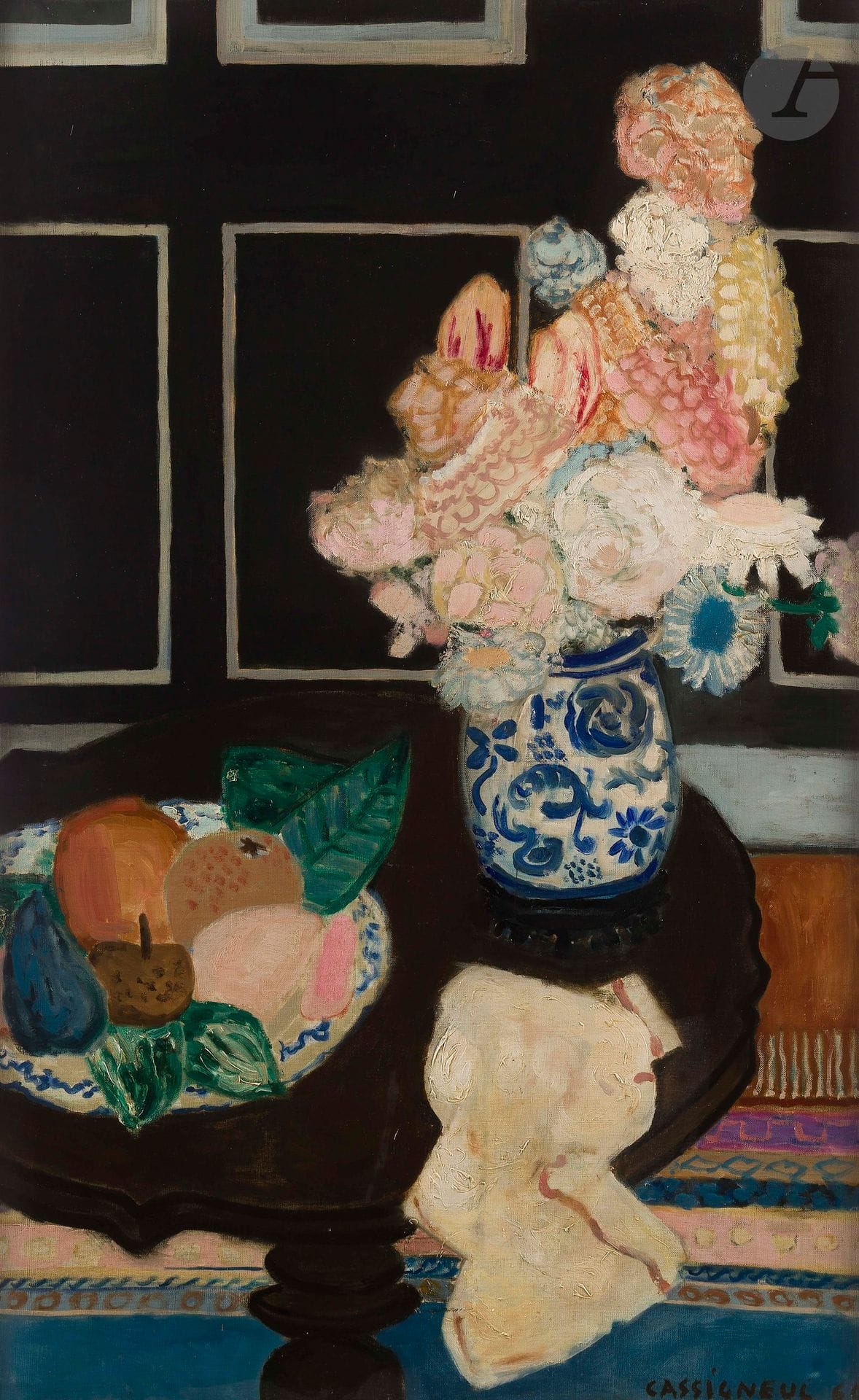 Jean-Pierre CASSIGNEUL (born 1935)
Still life with bouquet of flowers and fruit bowl, 1960
Oil on canvas.
Signed and dated lower right.
(Re-tooled).
114 x 72 cm