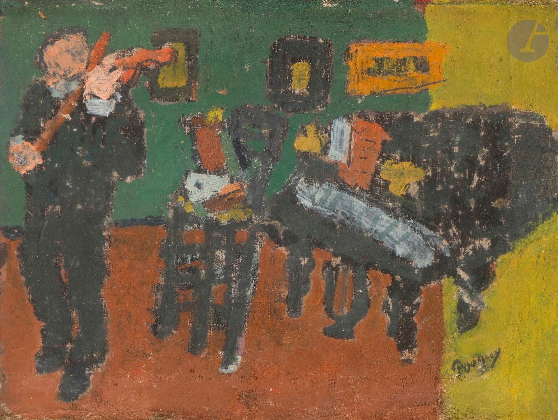 Jean Puni dit POUGNY (1892-1956)
Intérieur - Violoniste au piano noir, 1956
Huile sur toile montée sur isorel.
Signée en bas à droite.
19 x 25 cm

Provenance : 
Collection Parouïr Beglarian, Paris.

Expositions : 
- Pougny-Œuvres choisies, Galerie Coard, Paris, 3-24 mars 1956, catalogue, n° 24.
- Rétrospective Pougny, Musée National d'Art Moderne, Paris, 24 janvier-23 février 1958, n° 115, sous le titre " Concert " (étiquette au dos).

Bibliographie : 
- Les Lettres Françaises, Paris, 10-16 janvier 1957, n° 653.
- Roger van Gindertael, Pougny, Genève, Éditions Pierre Cailler, 1957, n° 111, reproduit.
- Le Provençal, Marseille, 5 février 1961.
- Herman Berninger, Jean-Albert Cartier, Jean Pougny 1892-1956, Catalogue de l'œuvre, Paris - Côte d'Azur 1924-1956, Peintures, Tome II, Tübingen, Éditions Ernst Wasmuth, 1992, n° 1202, reproduit p. 315, numéro d'archives 1467-281G.