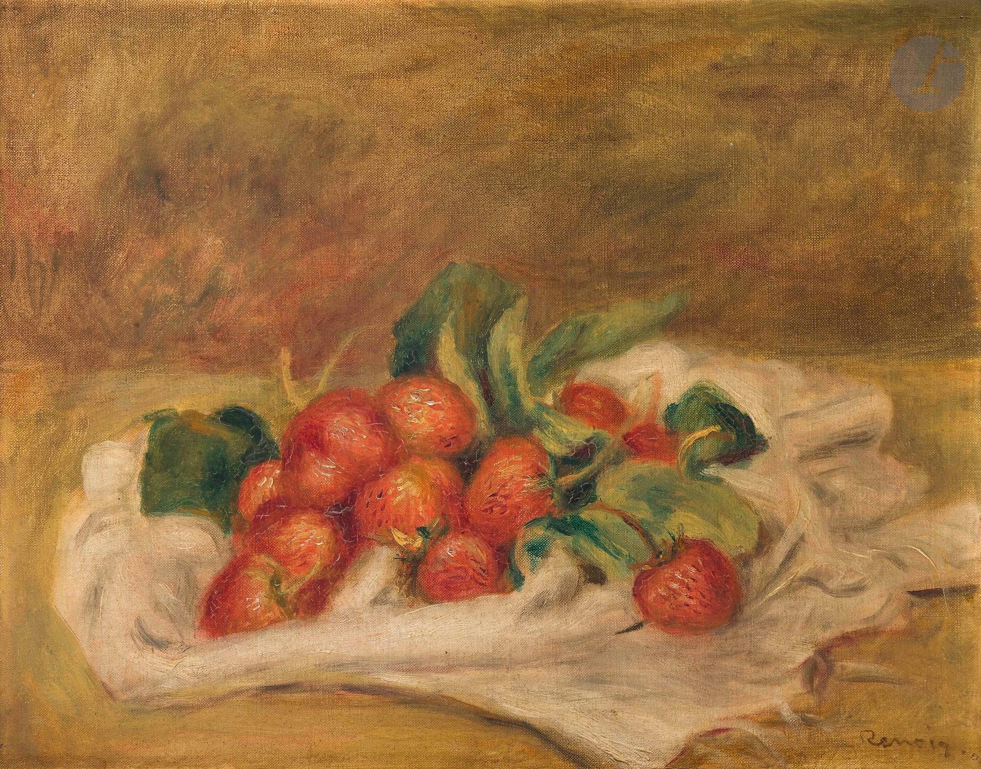 Pierre-Auguste RENOIR (1841-1919)
Still life with strawberries, 1908
Oil on canvas.
Signed lower right.
(Framed and slightly cracked).
30 x 38.5 cm

Provenance : 
- Galerie Durand-Ruel, Paris. Acquired from the artist on August 4, 1908.
- Galerie Bernheim-Jeune, Paris. Acquired from the above on March 19, 1912.
- Collection Louis Bernard, Paris. Acquired from the above on June 29, 1912.
- Paul Rosenberg Collection, Paris (stock no. "263").
- Private collection, France.
- Private collection, Île-de-France.

Exhibition :
IX. Esposizione internazionale d'arte della città di Venezia, Mostra individuale di Pierre Auguste Renoir, Palazzo dell'Esposizione, Venice, April 22-October 22, 1910, catalog, no. 26, not reproduced.

Bibliography: 
Guy-Patrice and Michel Dauberville, Renoir : Catalog raisonné des tableaux, pastels, dessins et aquarelles, Tome IV, 1903-1910, Paris, Éditions Bernheim-Jeune, 2012, no. 2765, reproduced p. 65.

This work is included in the online Catalogue raisonné of the works of Auguste Renoir by the Wildenstein Plattner Institute under reference number PRUURB: https://digitalprojects.wpi.art/renoir/artworks/detail?title=fraises&a=20158-nature-morte-fraises&media=24982473
