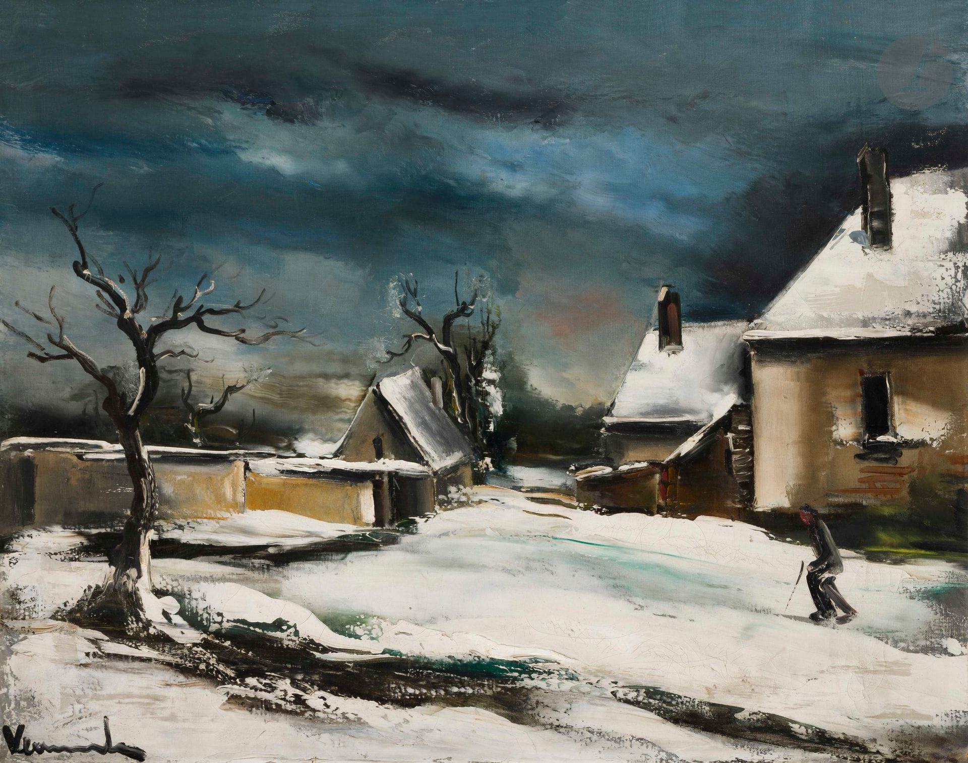 Maurice de VLAMINCK (1876-1958)
Neige ou Ferme sous la neige à Jaudrais
Huile sur toile.
Signée en bas à gauche.
(Craquelures).
65 x 81 cm

Provenance : 
- Vente Me Bellier, Hôtel Drouot, Paris, 5 mai 1937, catalogue, n° 140, reproduit.
- Collection particulière, Paris. 

Exposition : 
Maurice de Vlaminck, Galerie Bernheim-Jeune, Paris, 1928.

Bibliographie : 
Fritz Vanderpyl, " Salon et expositions ", Le Petit Parisien, 9 novembre 1928, p. 2, reproduit.

Cette œuvre sera incluse dans la Digital Database de Maurice de Vlaminck actuellement en préparation par le Wildenstein Plattner Institute Inc.