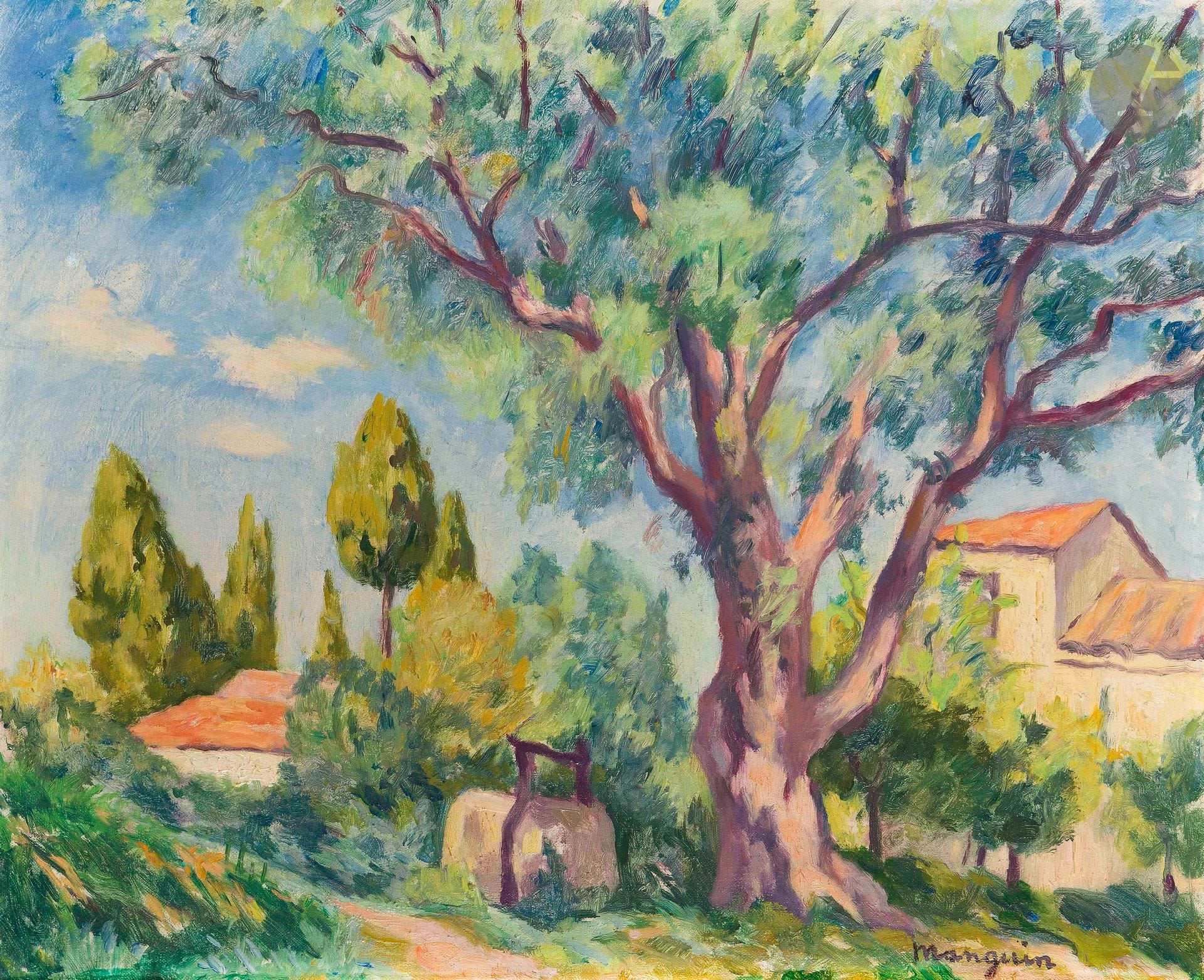Henri Charles MANGUIN (1874-1949)
Le Puits de la ferme Olivier, Saint-Tropez, 1925
Huile sur toile.
Signée en bas à droite.
37 x 44 cm

Provenance :
- Galerie Sélection, Tunis. Acquis directement auprès de l'artiste en décembre 1941.
- Galerie d'Argenson, Paris.
- Collection particulière, Paris.
- Vente Mes Audap-Mirabaud, Hôtel Drouot, Paris, 8 décembre 2014, n° 37.
- Collection particulière, Paris. Acquis lors de la précédente.

Bibliographie : 
Lucile et Claude Manguin, Marie-Caroline Sainsaulieu, Henri Manguin, Catalogue raisonné de l'œuvre peint, Neuchâtel, Ides et Calendes, 1980, n° 826, reproduit p. 276.