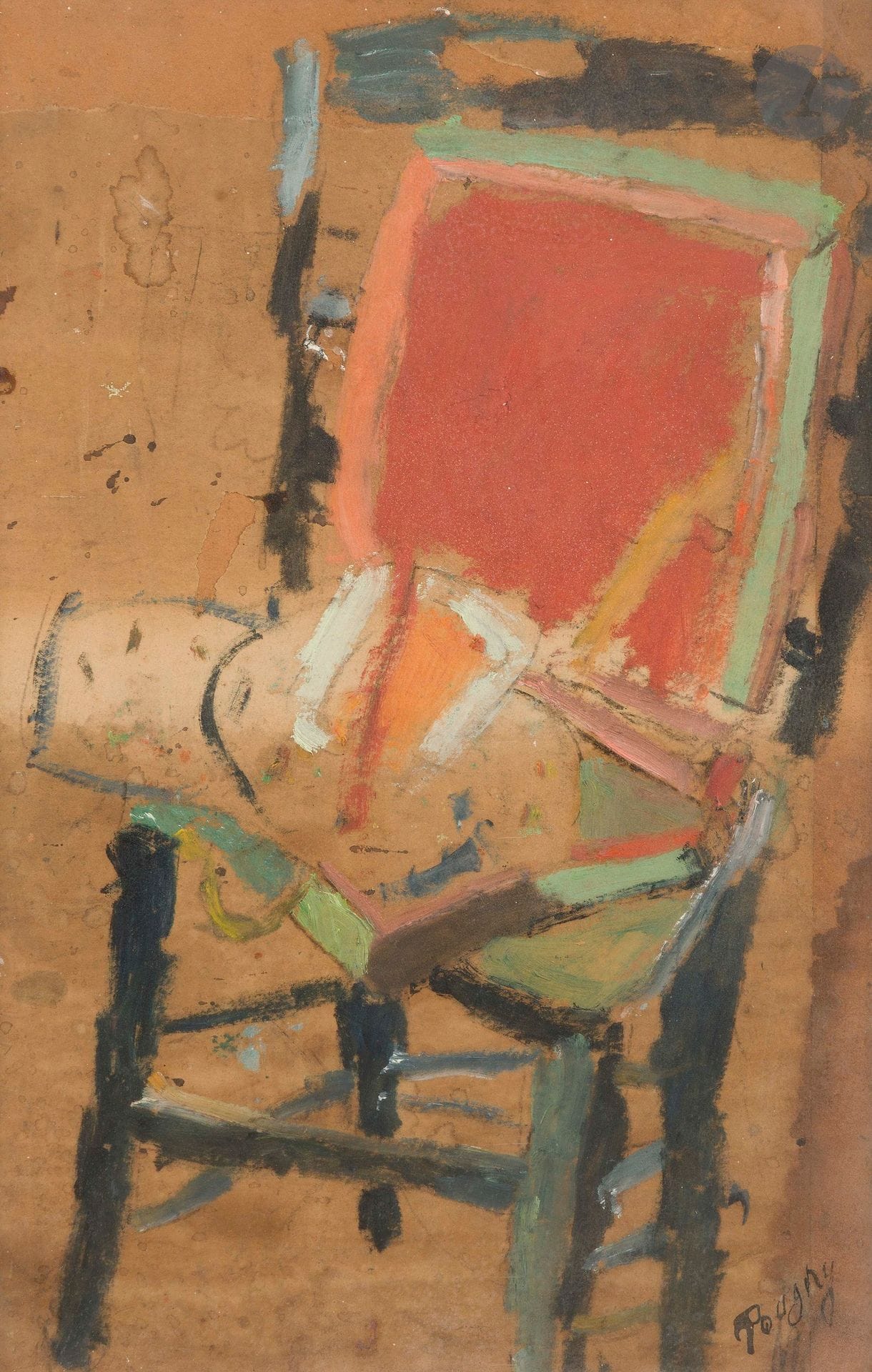 Jean Puni dit POUGNY (1892-1956)
Chaise noire et boîte à couleurs, 1944
Huile sur carton.
Signée en bas à droite.
42 x 27 cm

Provenance : 
- Collection Jacques Spreiregen, Paris.
- Collection Parouïr Beglarian, Paris.

Bibliographie : 
Herman Berninger, Jean-Albert Cartier, Jean Pougny 1892-1956, Catalogue de l'œuvre, Paris - Côte d'Azur 1924-1956, Peintures, Tome II, Tübingen, Éditions Ernst Wasmuth, 1992, n° 815, reproduit p. 211, numéro d'archives 895 bis.