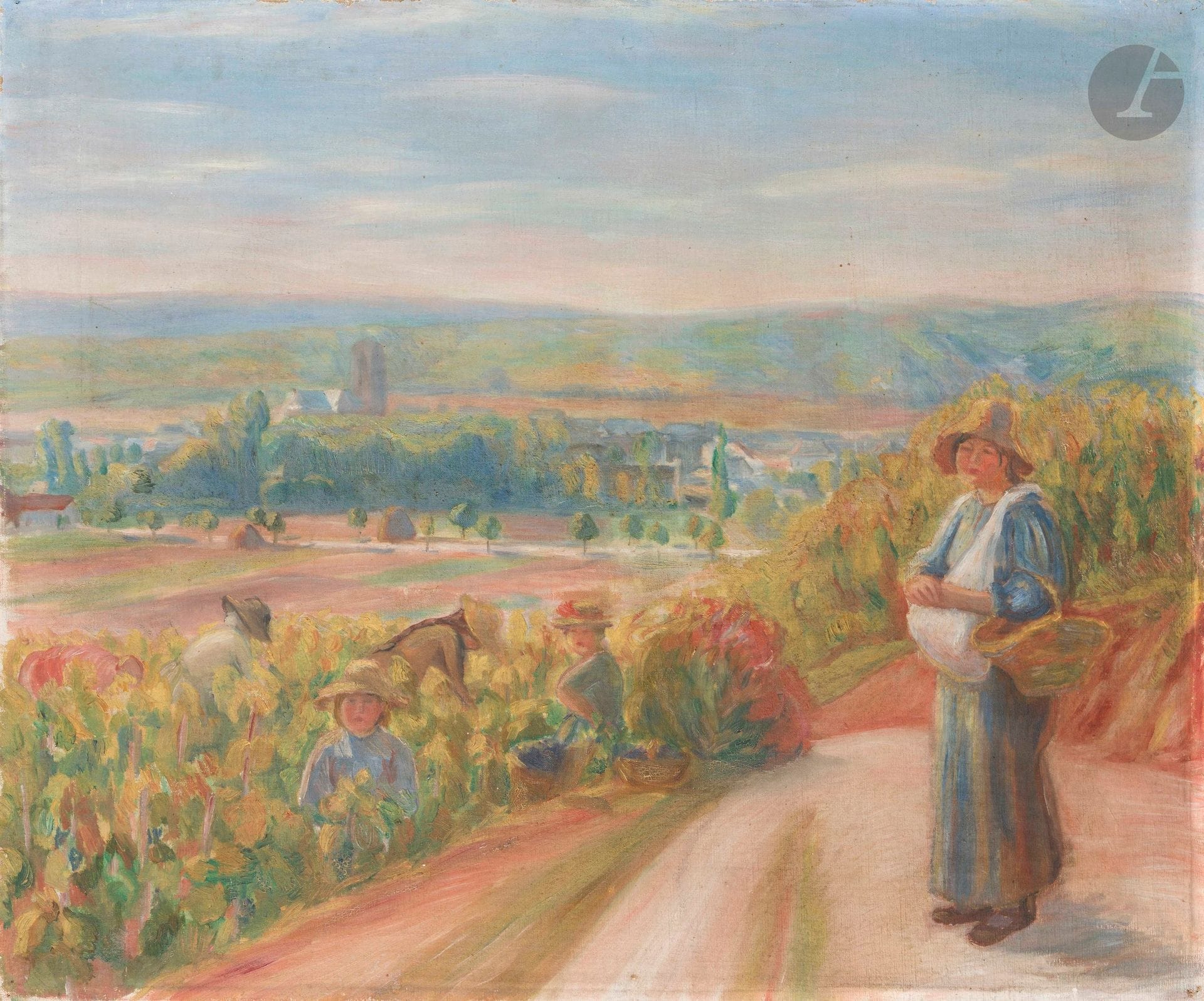 Julie MANET (1878-1966)
Vue d'Essoyes, les vendangeurs, octobre 1898
Huile sur toile.
Non signée.
Inscription manuscrite au revers, à la craie sur la toile d'œuvre : "Melle Manet".
54,5 x 65 cm

Provenance : 
Collection Gabriel Thomas. Par descendance.

Julie Manet a peint cette scène au terme d’un séjour à Essoyes du 7 septembre au 24 octobre 1898, en compagnie de ses
cousines Jeannie et Paule Gobillard et près de la maison d’Auguste Renoir qu’elle désigne alors dans son Journal comme
« notre professeur » (Julie Manet, Journal, éd. 2017, mercredi 5 octobre 1898, p. 372). Elle aura bientôt 20 ans le 14 novembre prochain. Ce séjour est attristé et interrompu par la nouvelle de la disparition de leur ami Stéphane Mallarmé.
Le tableau peint à l’huile sur le motif est préparé par une aquarelle le jeudi 6 octobre, et précisément localisé par Julie :
« Toute la matinée dans les vignes des Brotel sur la côte de Mellet à vendanger et à faire de l’aquarelle. La lumière est délicieuse, les coteaux enveloppés derrière les vignes dorées, superbes avec des figures dedans et parsemées de hottes de
raisins violets. Que de belles choses à peindre. Les jeunes filles au teint coloré dans ces vignes sur le fond d’Essoyes ressemblent à une fresque italienne » (id., p. 373). Julie le finit à Essoyes, en atelier, le dimanche 23 octobre suivant : « Je pense aux primitifs, à Mantegna ce matin en terminant de souvenir mes vendangeurs » (id., p. 382). Il n’en est pas moins emprunt des conseils de son Maître Renoir.

L’œuvre a appartenu au cousin de Julie Manet, Gabriel Thomas (1854-1932), tuteur de ses biens, qui l’encourage lors de
ses débuts aux expositions. Figure importante du milieu culturel de l’époque, il est membre fondateur de la tour Eiffel et du
théâtre des Champs-Élysées, à l’origine du musée Grévin.

Expert : Dominique d’Arnoult, Docteur en histoire de l’Art.