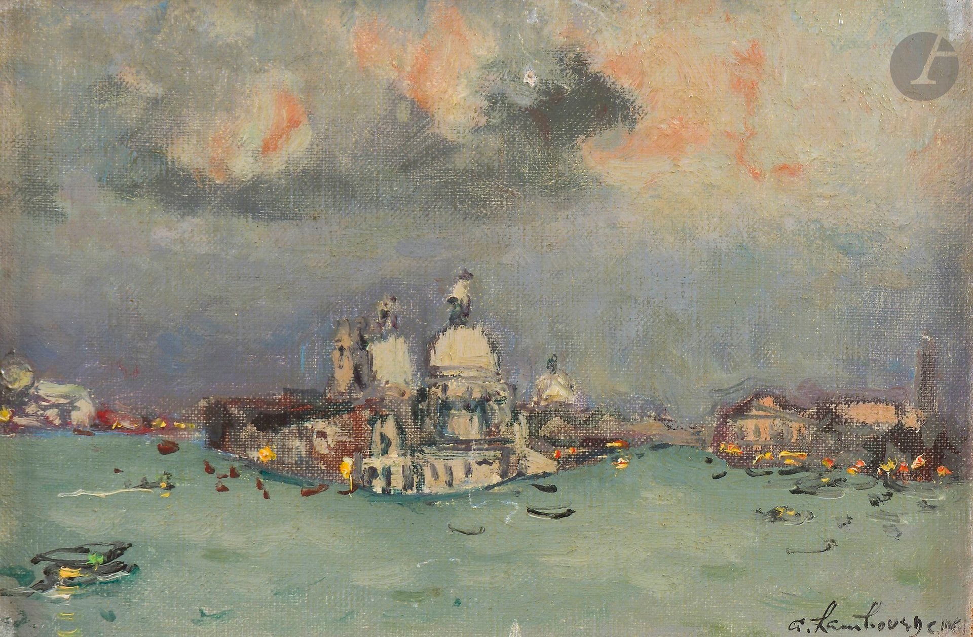 André HAMBOURG (1909-1999)
Venise, fin de jour sur le bassin, 1961
Huile sur toile.
Signée et datée en bas à droite.
Monogrammée, datée et titrée au dos.
11,5 x 18,5 cm

Provenance :
Collection particulière, Paris.

Nous remercions Lydia Harambourg, Annie Madet-Vache et Patrick Dantec du Comité André Hambourg d'avoir confirmé l'authenticité de cette œuvre.