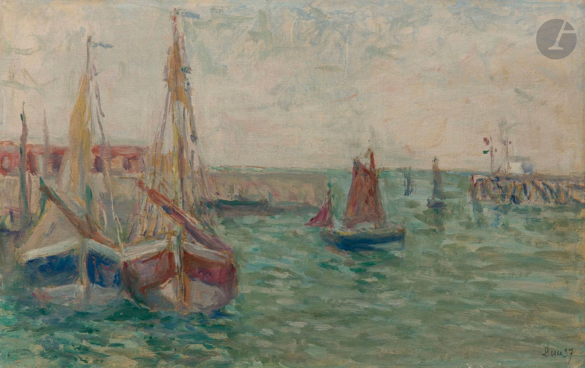 Maximilien LUCE (1858-1941)
Locquivy, bateaux au port, 1937
Huile sur papier contrecollé sur toile.
Signée et datée en bas à droite.
(Petits enfoncements).
27 x 42 cm

Provenance : 
Collection particulière, Paris.

Œuvre en rapport :
Jean Bouin-Luce et Denise Bazetoux, Catalogue raisonné de l'œuvre peint de Maximilien Luce, Tome II, Paris, Éditions JBL, 1986, n° 1654 sous le titre Locquivy, bateaux rentrant au port, reproduit p. 404.